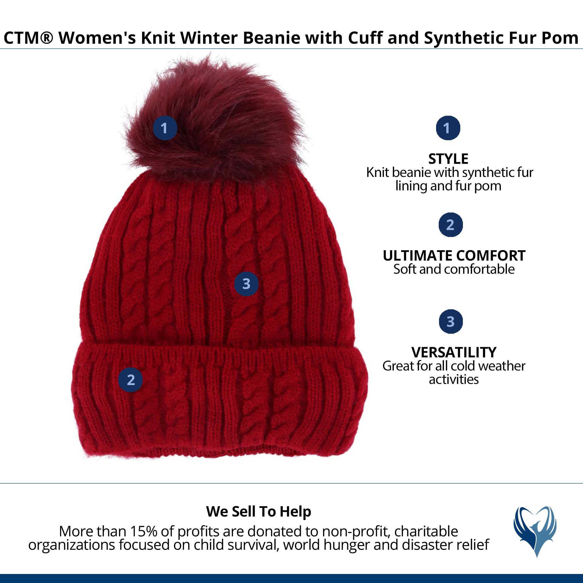 CTM® Women's Knit Winter Beanie with Cuff and Synthetic Fur Pom - Red