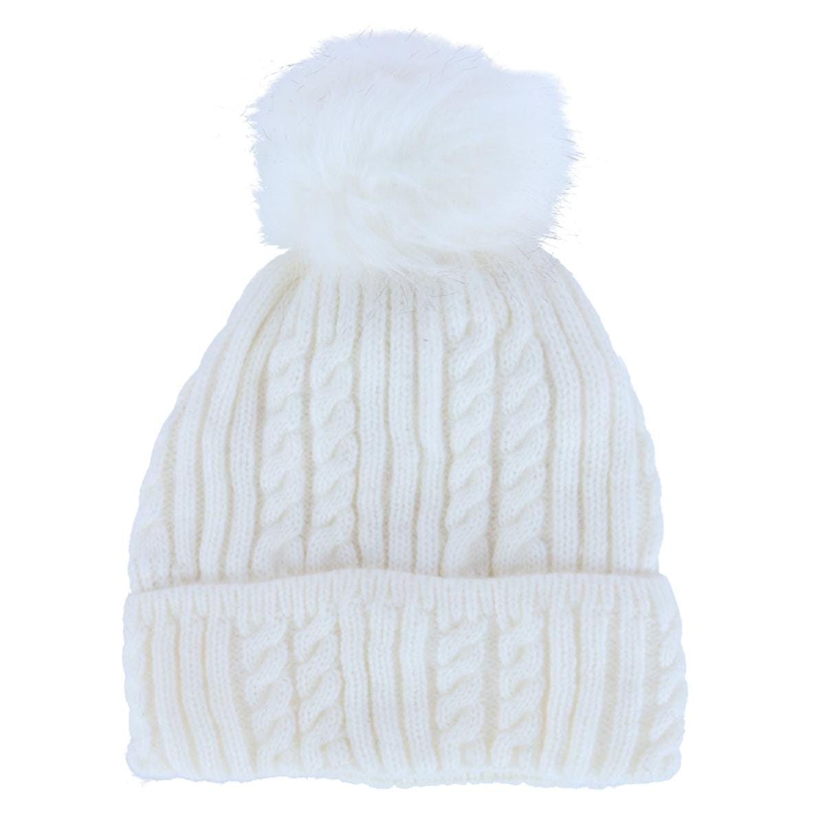 CTM® Women's Knit Winter Beanie with Cuff and Synthetic Fur Pom - White