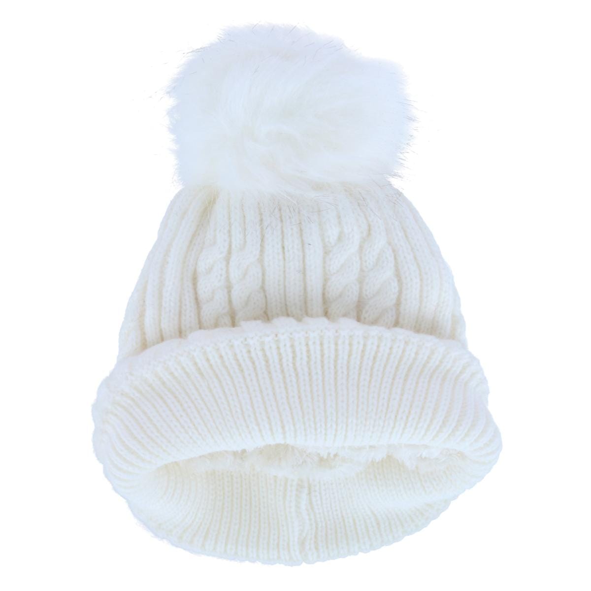 CTM® Women's Knit Winter Beanie with Cuff and Synthetic Fur Pom - White
