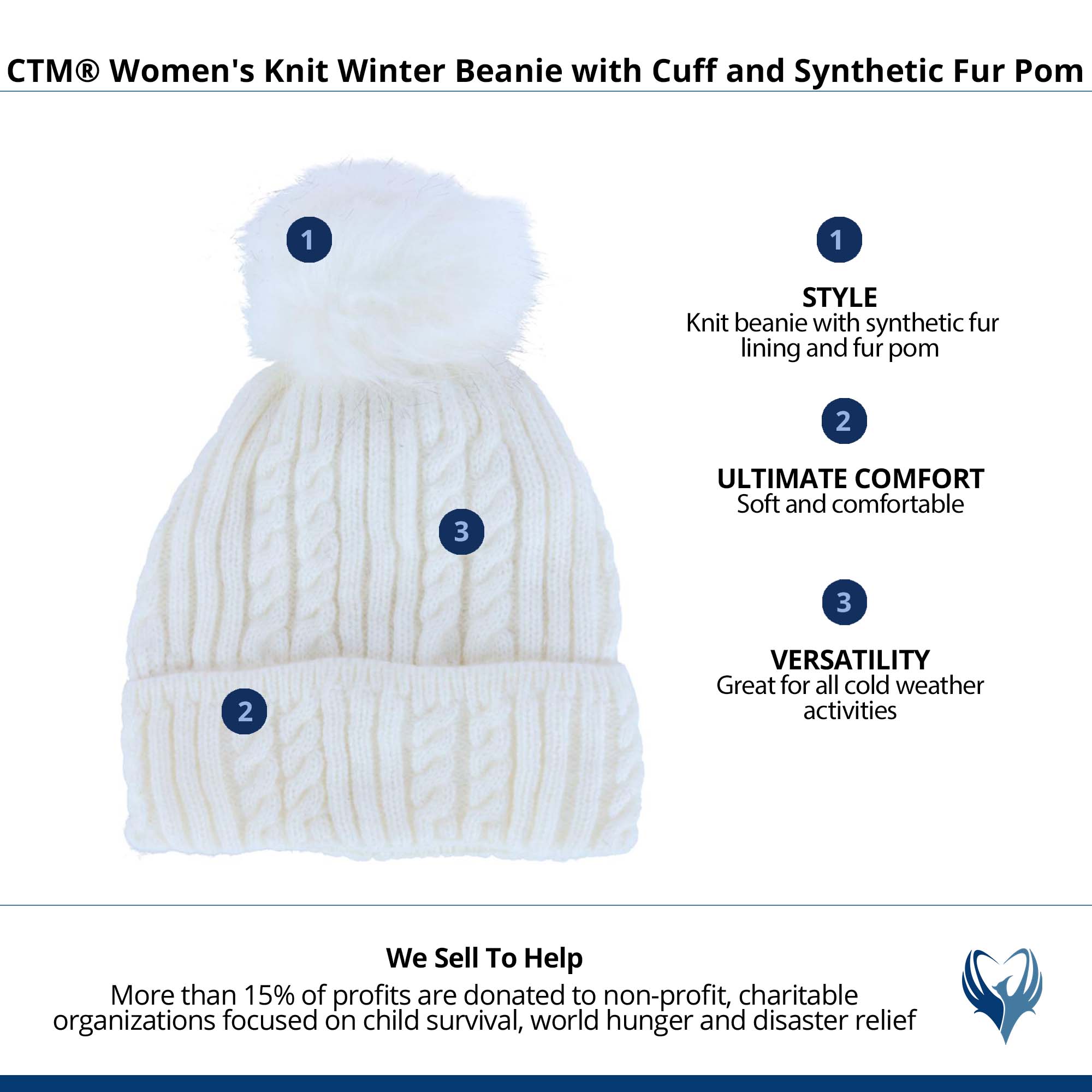 CTM® Women's Knit Winter Beanie with Cuff and Synthetic Fur Pom - White