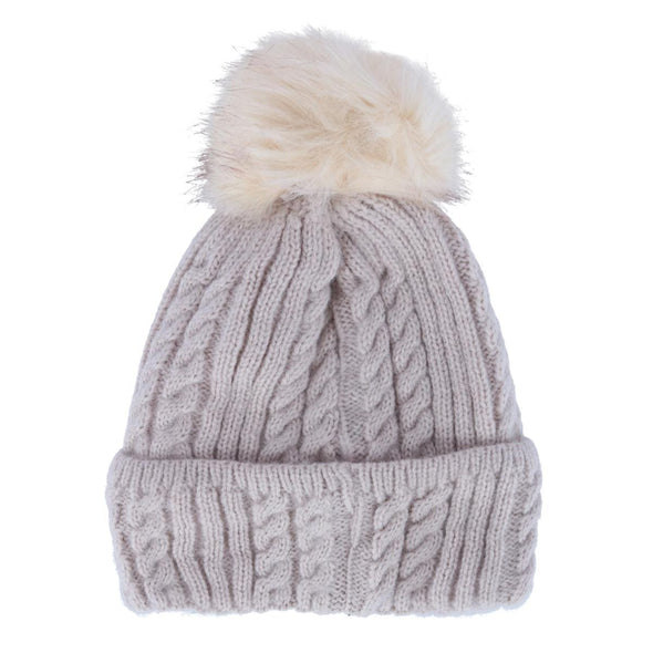 Women's Knit Winter Beanie with Cuff and Synthetic Fur Pom