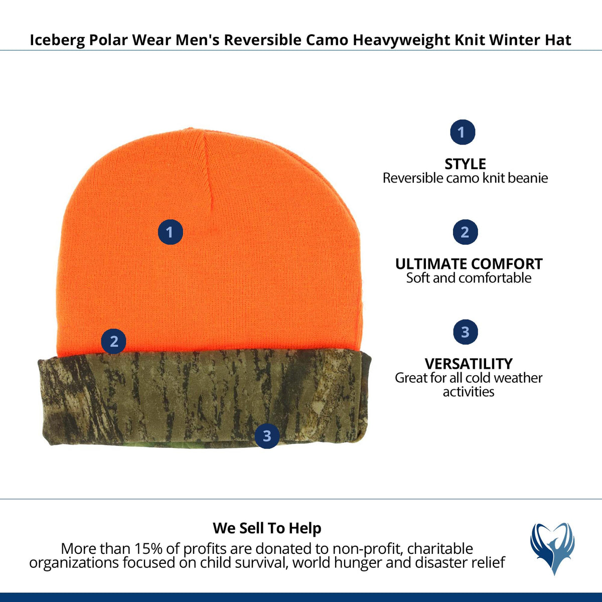 Iceberg Polar Wear Men's Reversible Camo Heavyweight Knit Winter Hat - Orange