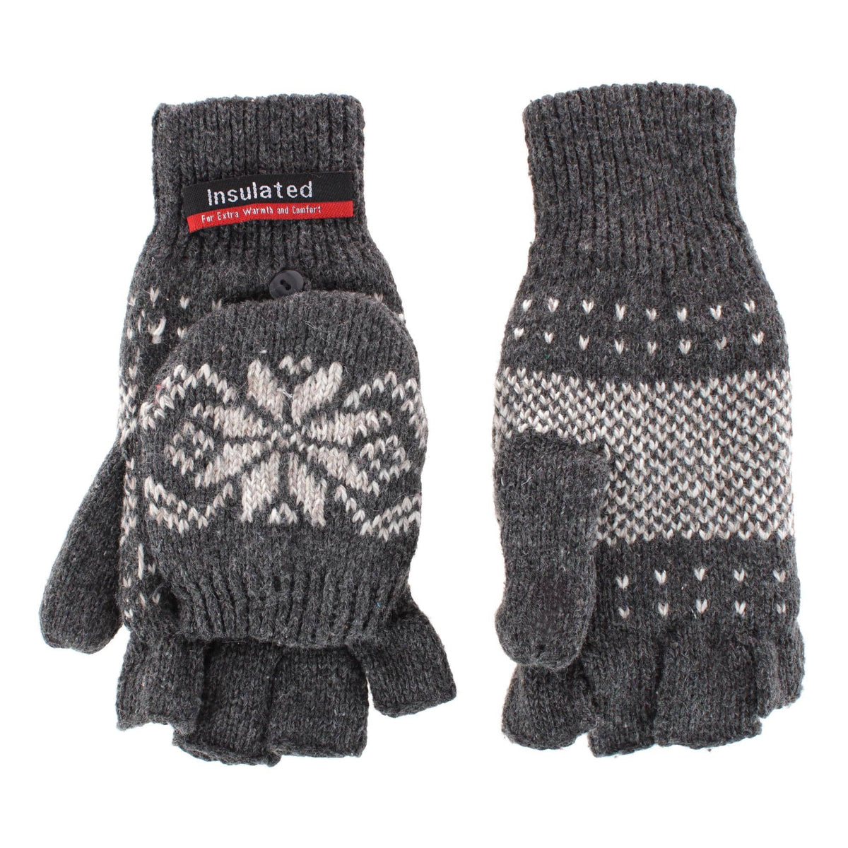 Iceberg Polar Wear Men's Convertible Wool Blend Winter Mittens Snowflake - Charcoal