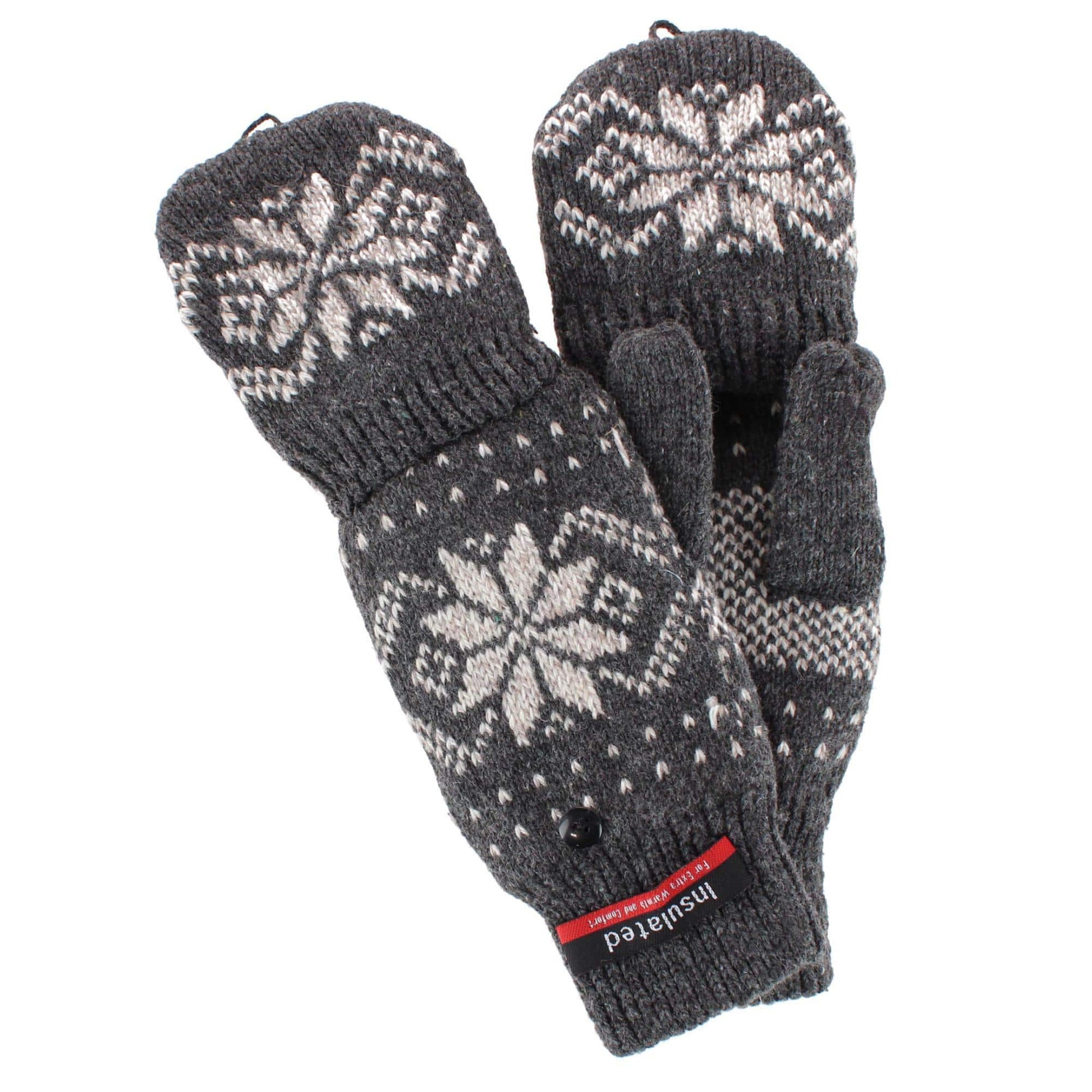Iceberg Polar Wear Men's Convertible Wool Blend Winter Mittens Snowflake - Charcoal