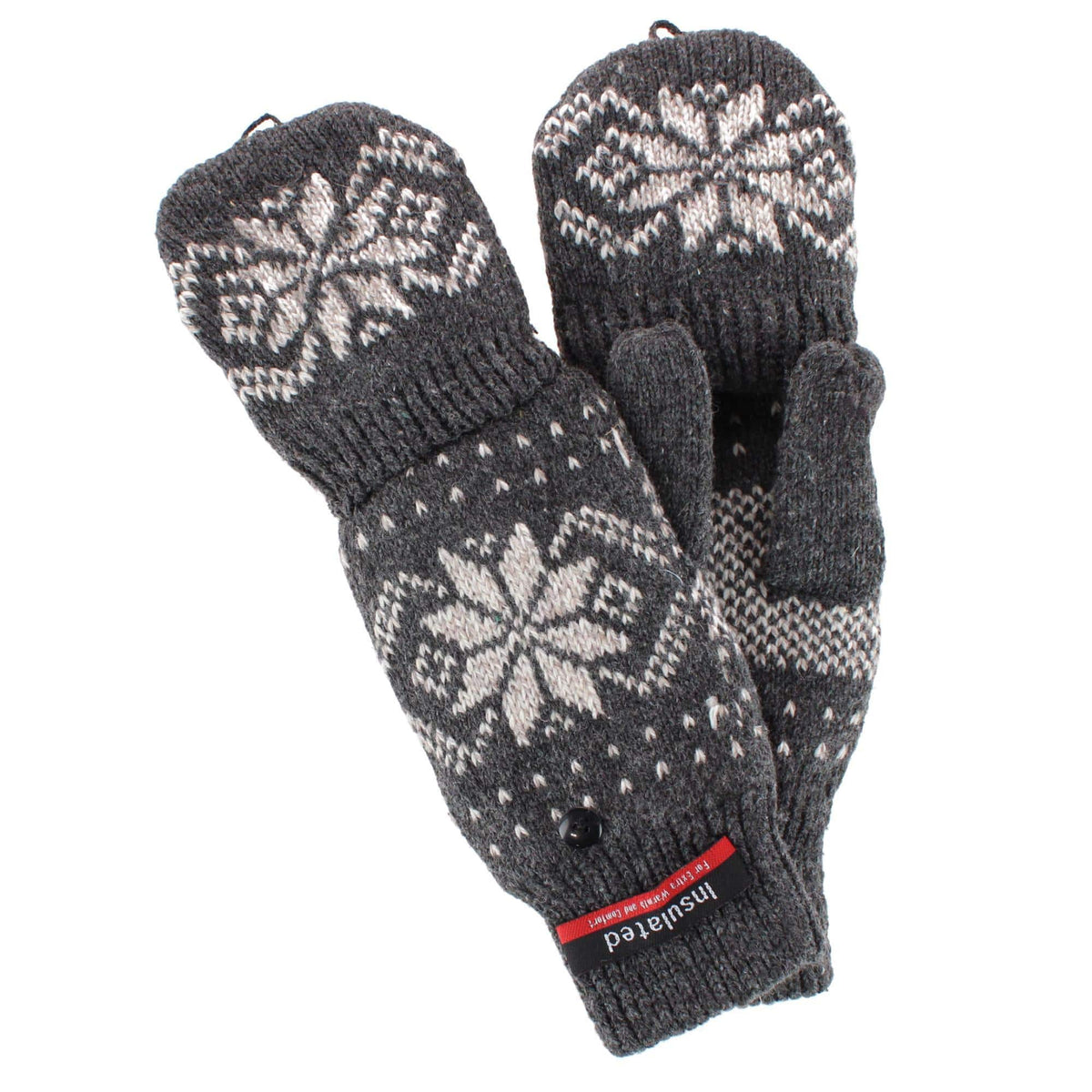 Iceberg Polar Wear Men's Convertible Wool Blend Winter Mittens Snowflake - Charcoal