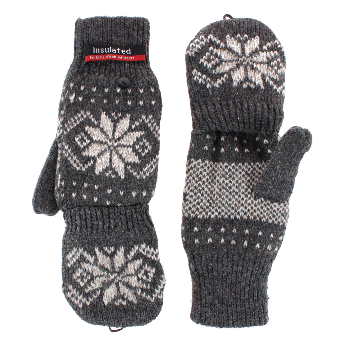 Iceberg Polar Wear Men's Convertible Wool Blend Winter Mittens Snowflake - Charcoal