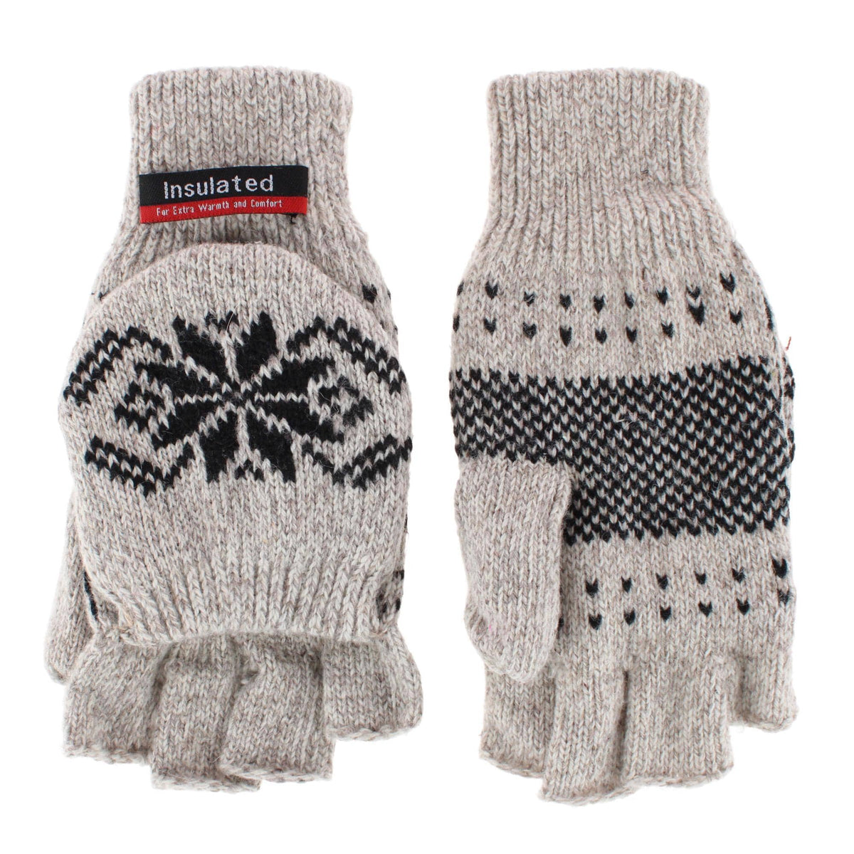 Iceberg Polar Wear Men's Convertible Wool Blend Winter Mittens Snowflake - Oatmeal