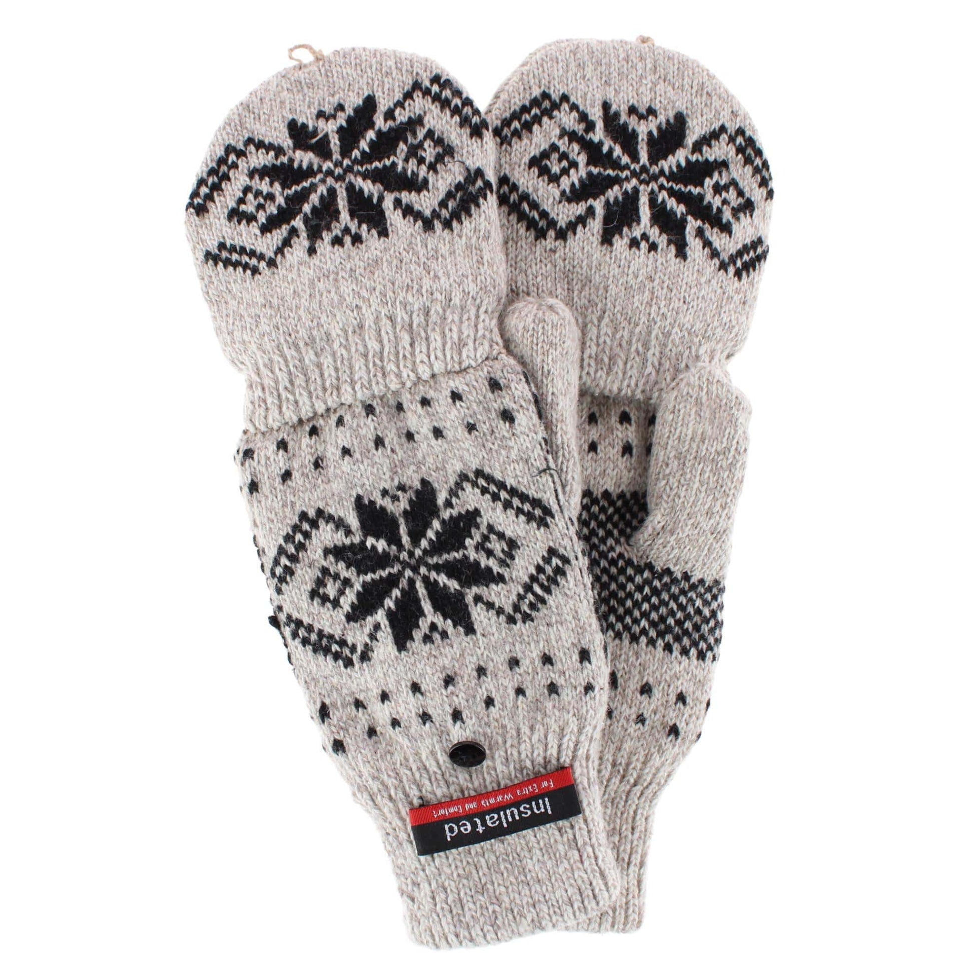 Iceberg Polar Wear Men's Convertible Wool Blend Winter Mittens Snowflake - Oatmeal