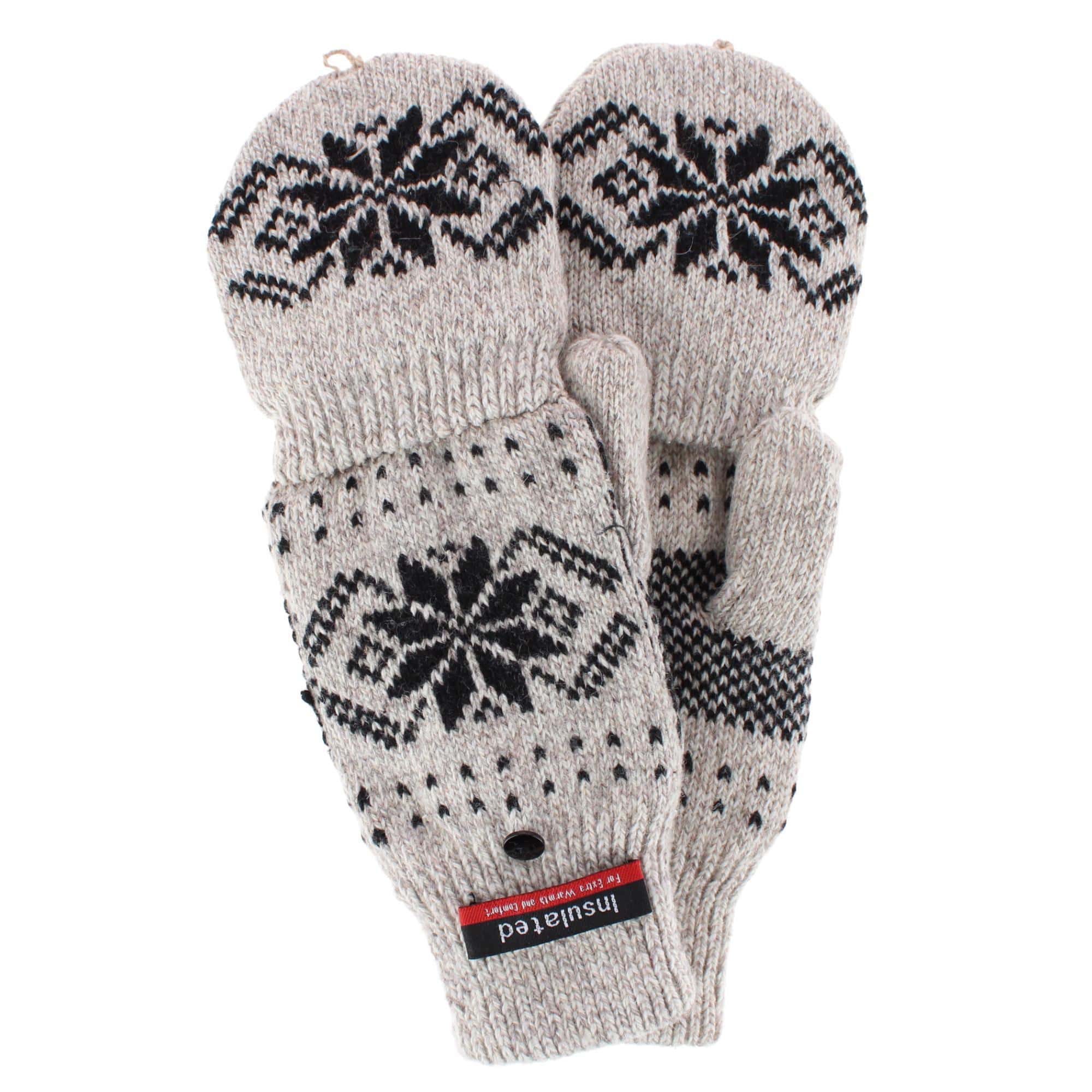 Iceberg Polar Wear Men's Convertible Wool Blend Winter Mittens Snowflake - Oatmeal