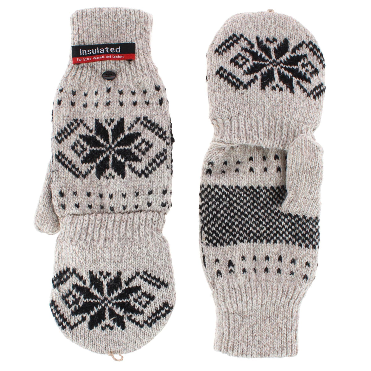 Iceberg Polar Wear Men's Convertible Wool Blend Winter Mittens Snowflake - Oatmeal
