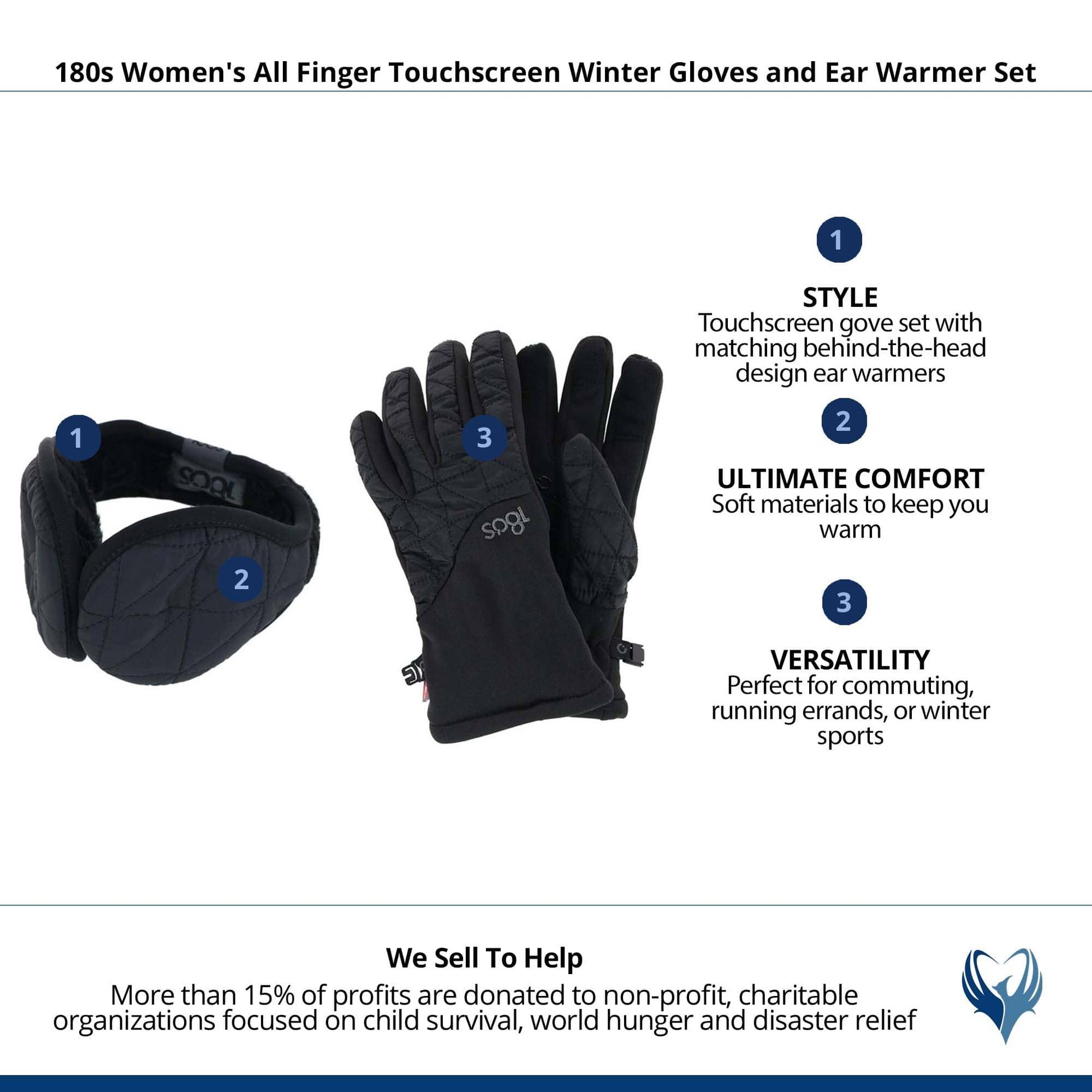 180s Women's All Finger Touchscreen Winter Gloves and Ear Warmer Set - Black