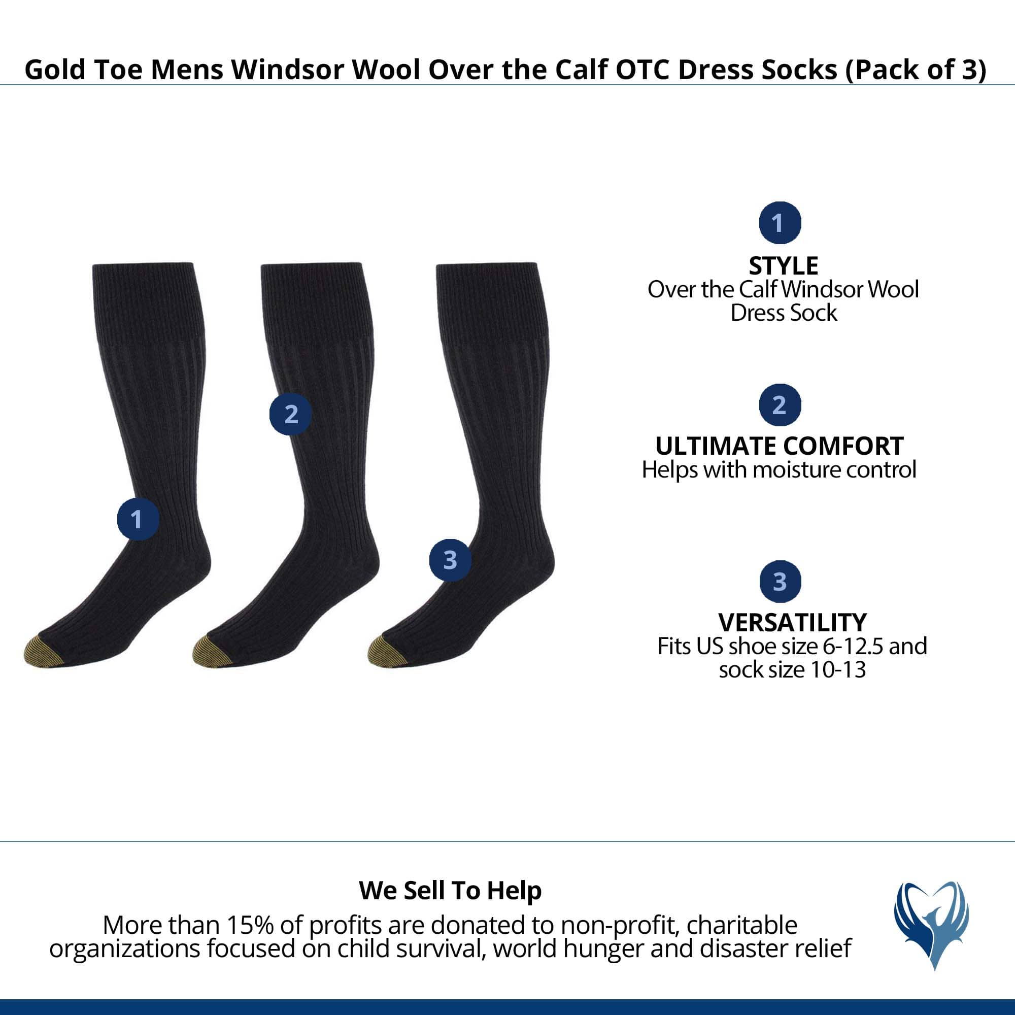 Gold Toe Mens Windsor Wool Over the Calf OTC Dress Socks (Pack of 3) - Black