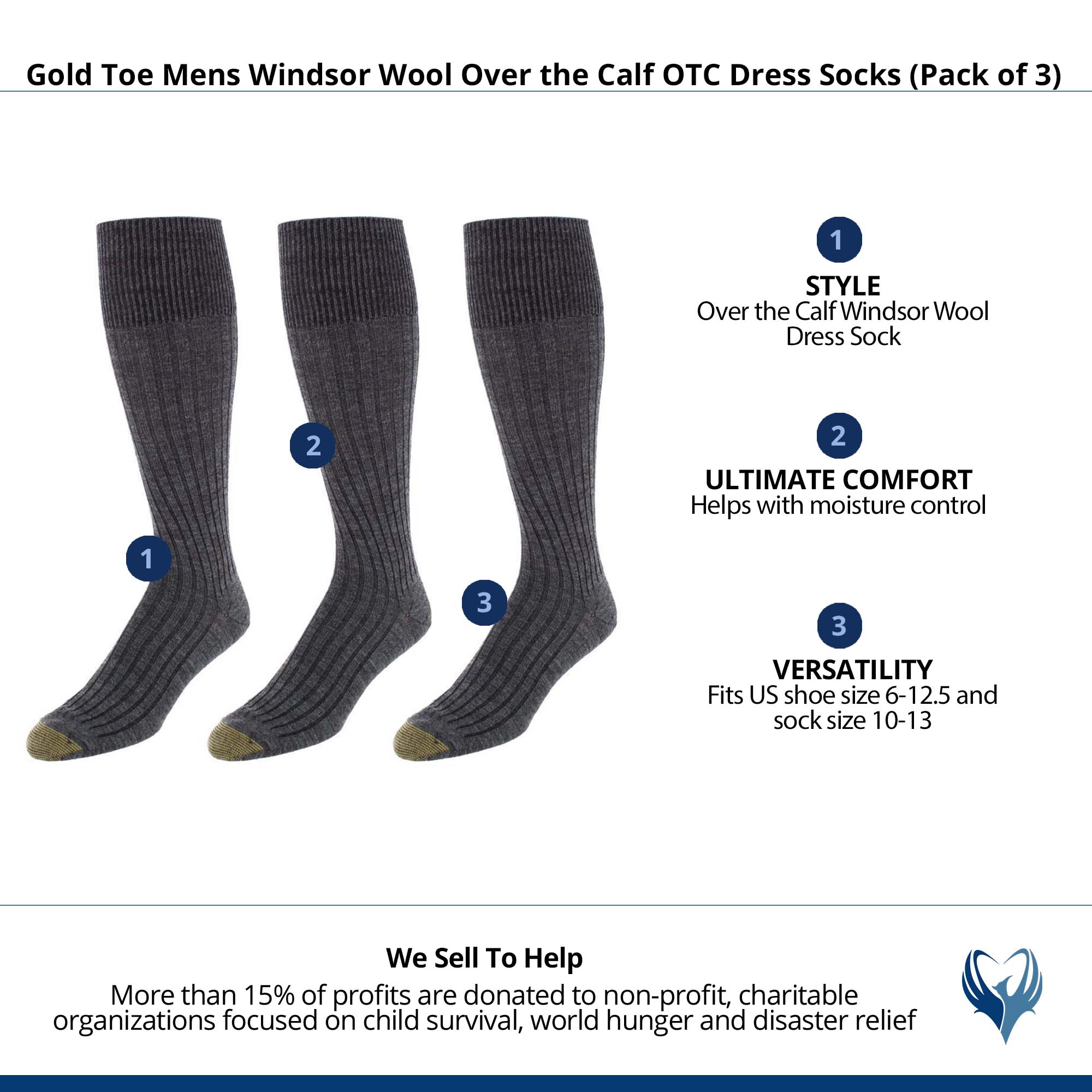 Gold Toe Mens Windsor Wool Over the Calf OTC Dress Socks (Pack of 3) - Charcoal