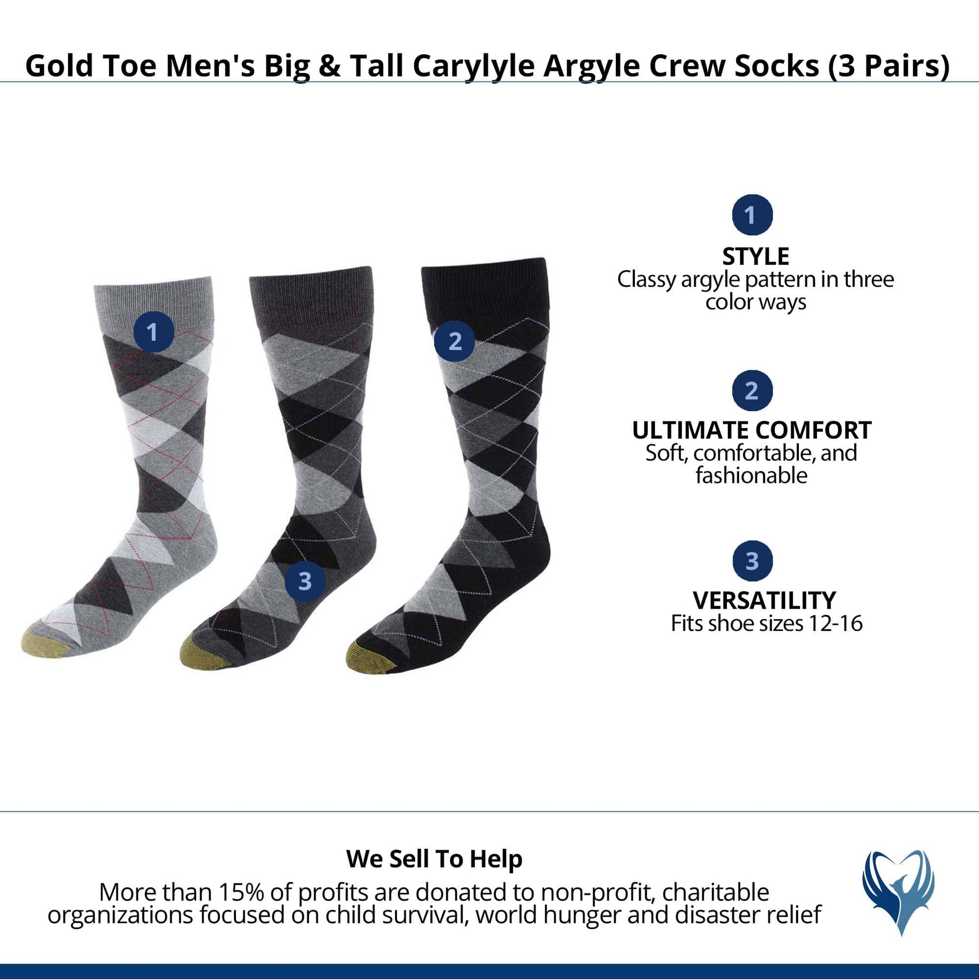 Gold Toe Men's Big & Tall Carylyle Argyle Crew Socks (3 Pairs) - Black, Grey, Dark Heather