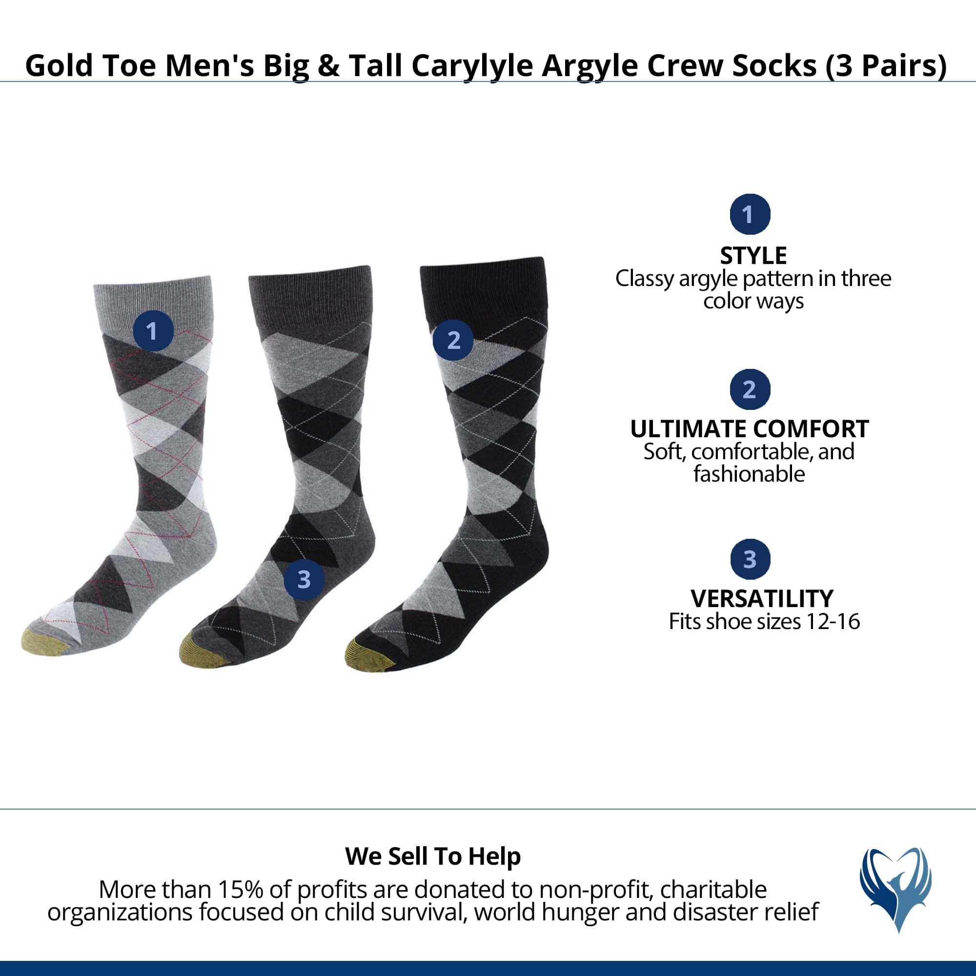 Gold Toe Men's Big & Tall Carylyle Argyle Crew Socks (3 Pairs) - Black, Grey, Dark Heather