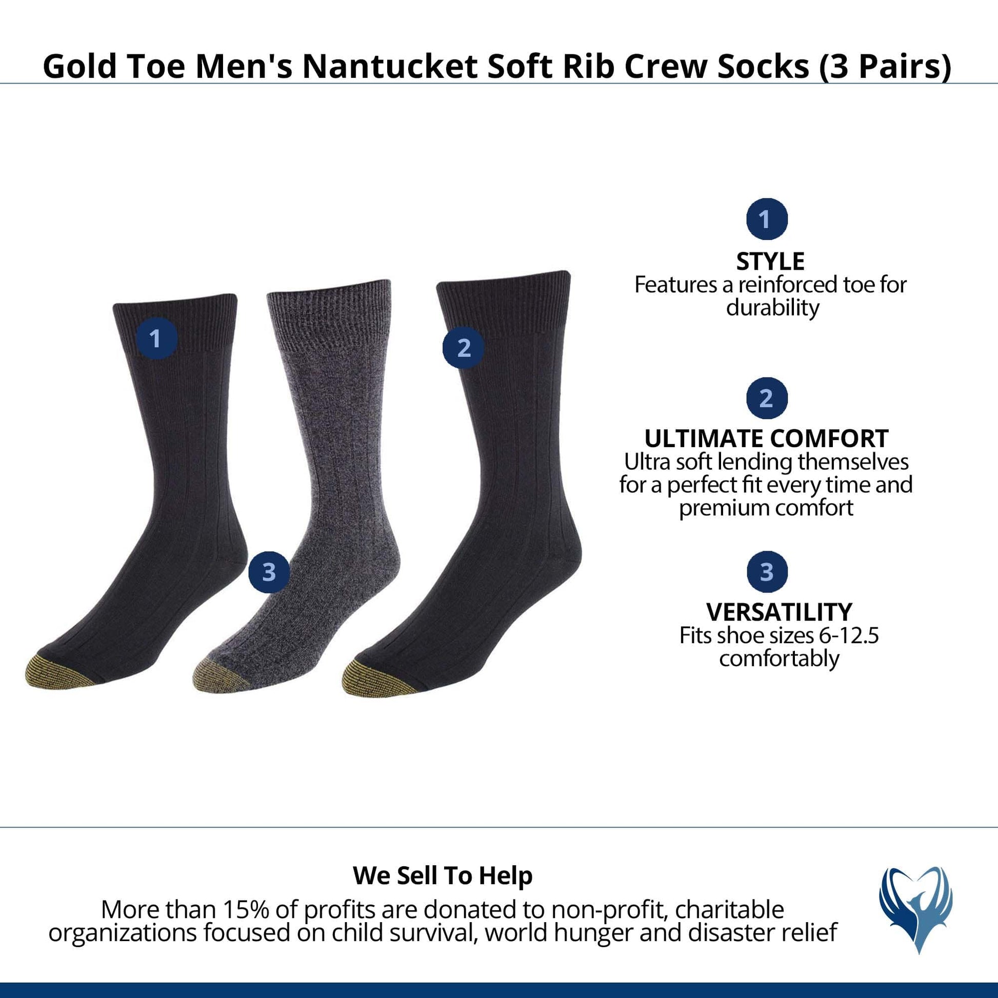 Gold Toe Men's Nantucket Soft Rib Crew Socks (3 Pairs) - Black, Charcoal, Black
