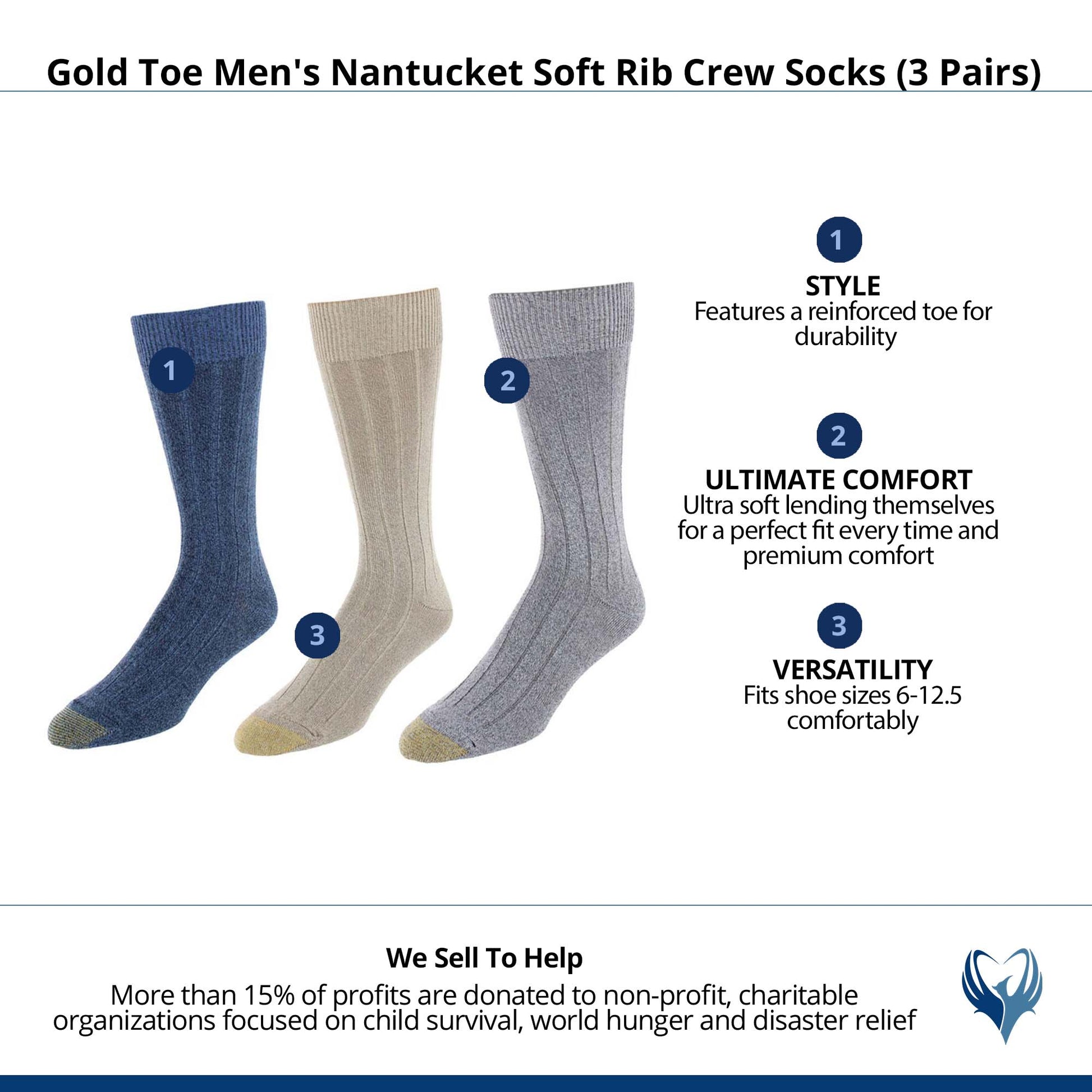Gold Toe Men's Nantucket Soft Rib Crew Socks (3 Pairs) - Khaki, Grey Marl, Denim