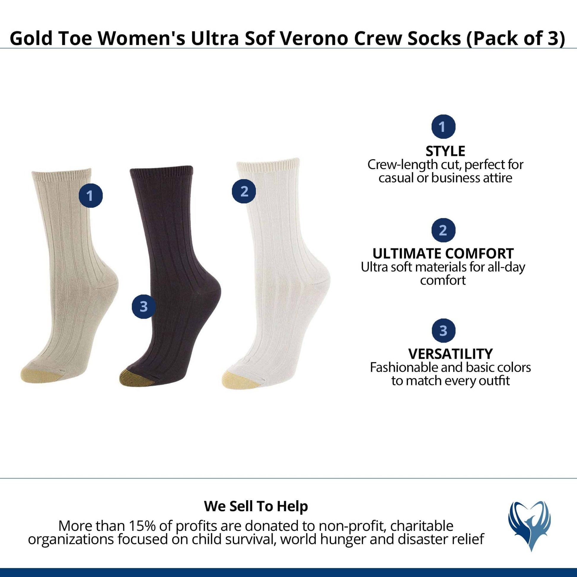 Gold Toe Women's Ultra Sof Verono Crew Socks (Pack of 3) - Khaki, String, Brown