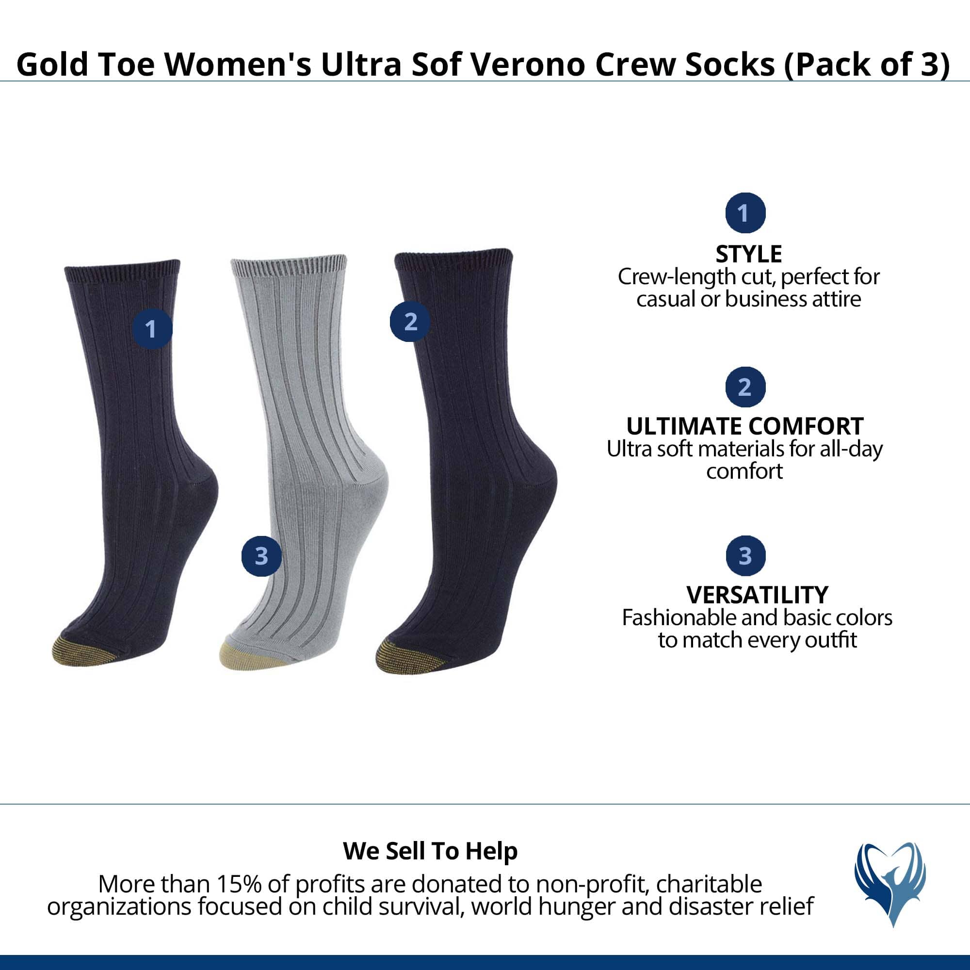 Gold Toe Women's Ultra Sof Verono Crew Socks (Pack of 3) - Midnight, Flannel, Midnight