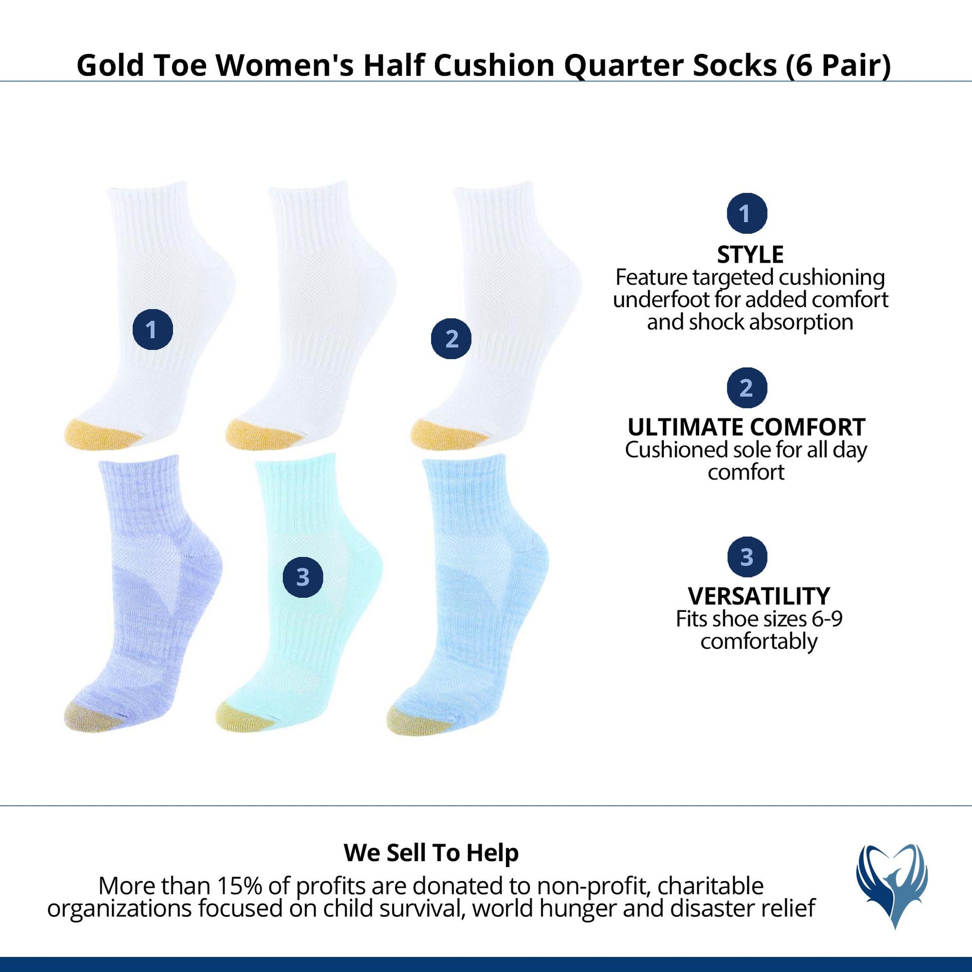 Gold Toe Women's Half Cushion Quarter Socks (6 Pair) - Multiple