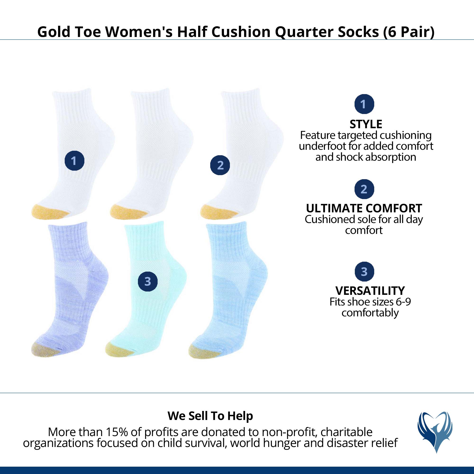 Gold Toe Women's Half Cushion Quarter Socks (6 Pair) - Multiple