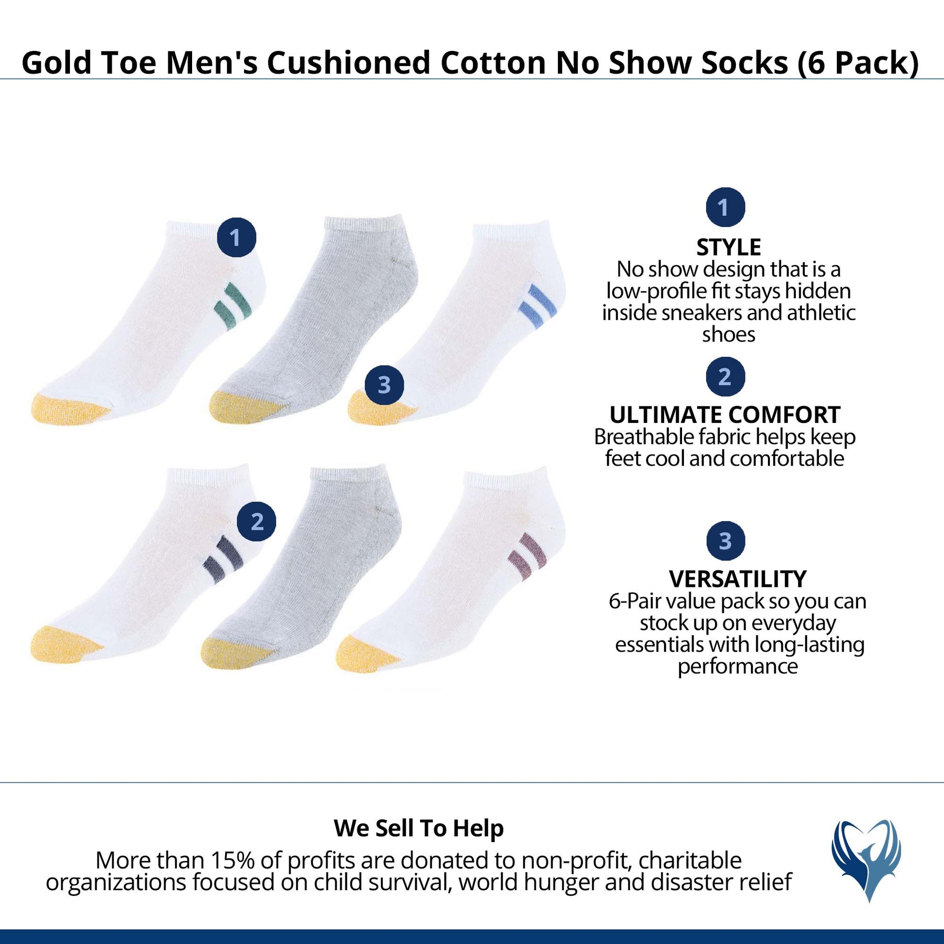 Gold Toe Men's Cushioned Cotton No Show Socks (6 Pack) - Multiple
