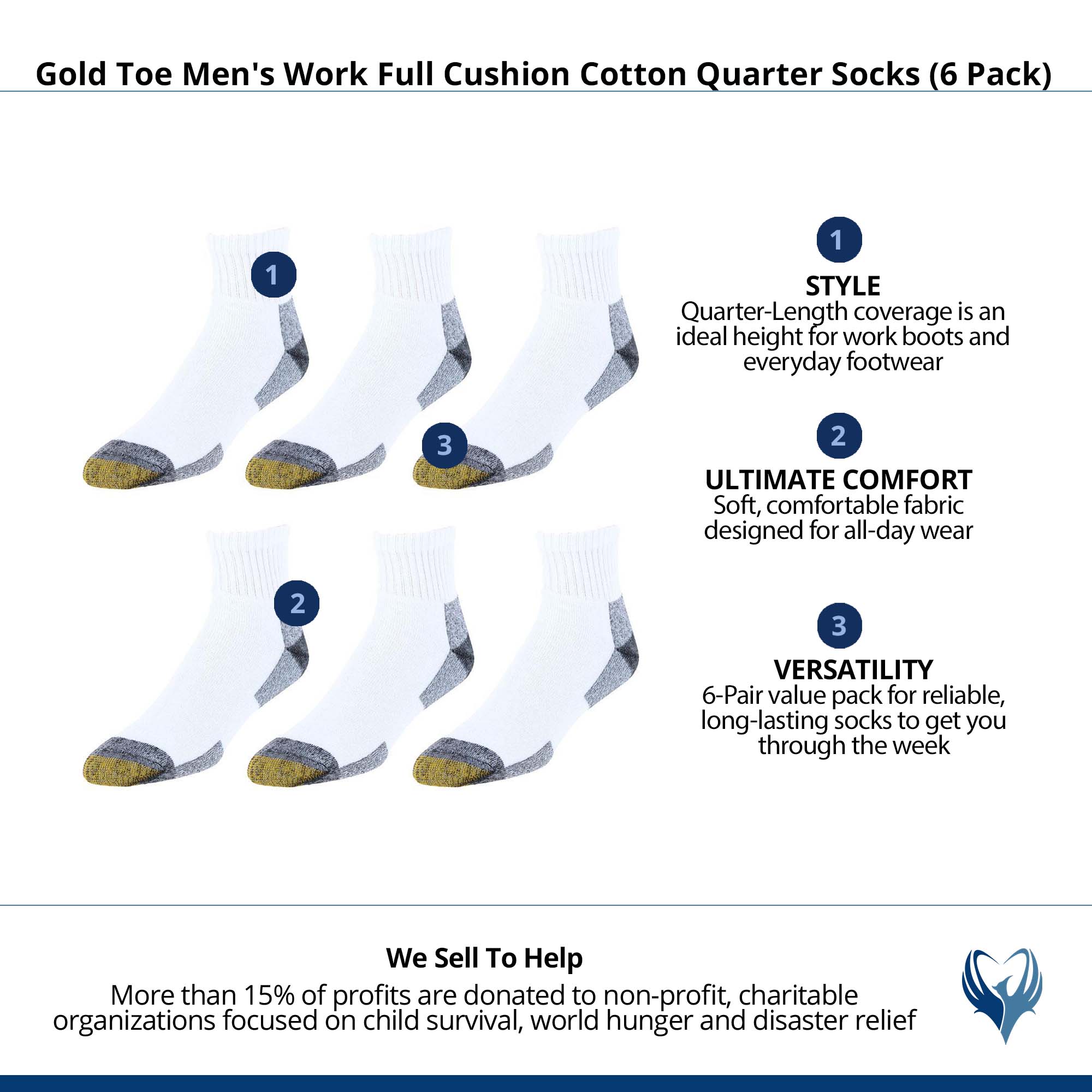 Gold Toe Men's Work Full Cushion Cotton Quarter Socks (6 Pack) - White/Grey