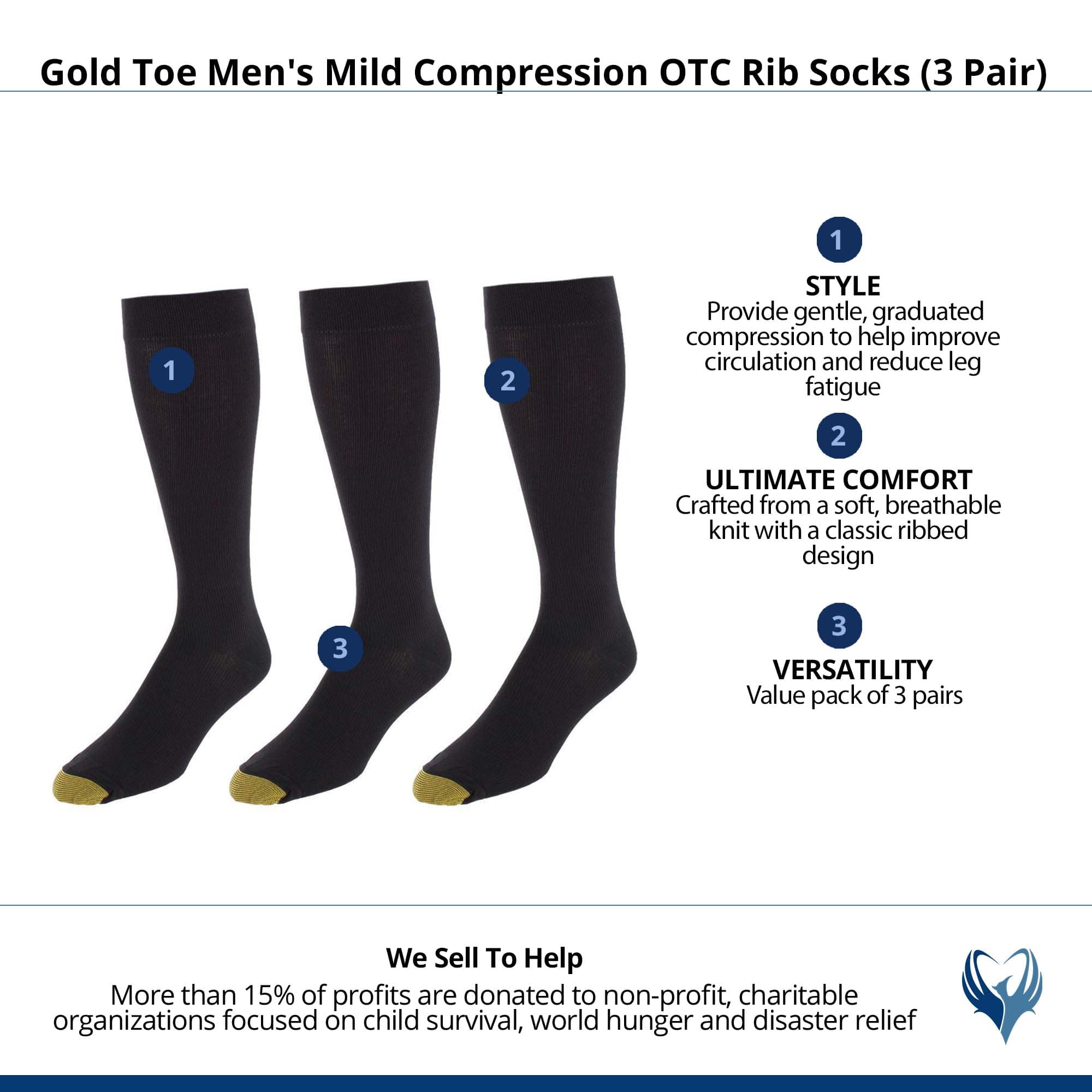 Gold Toe Men's Mild Compression OTC Rib Socks (3 Pair) - Black
