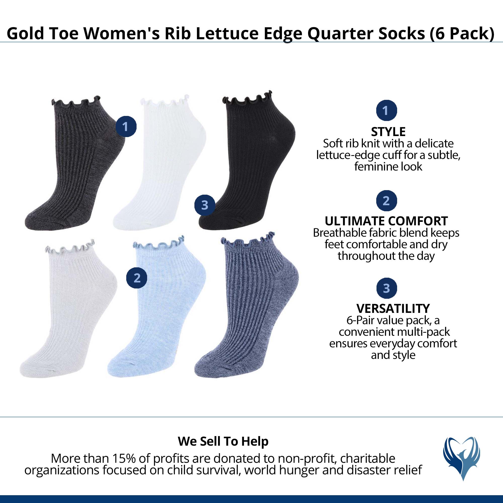 Gold Toe Women's Rib Lettuce Edge Quarter Socks (6 Pack) - Grey Mix
