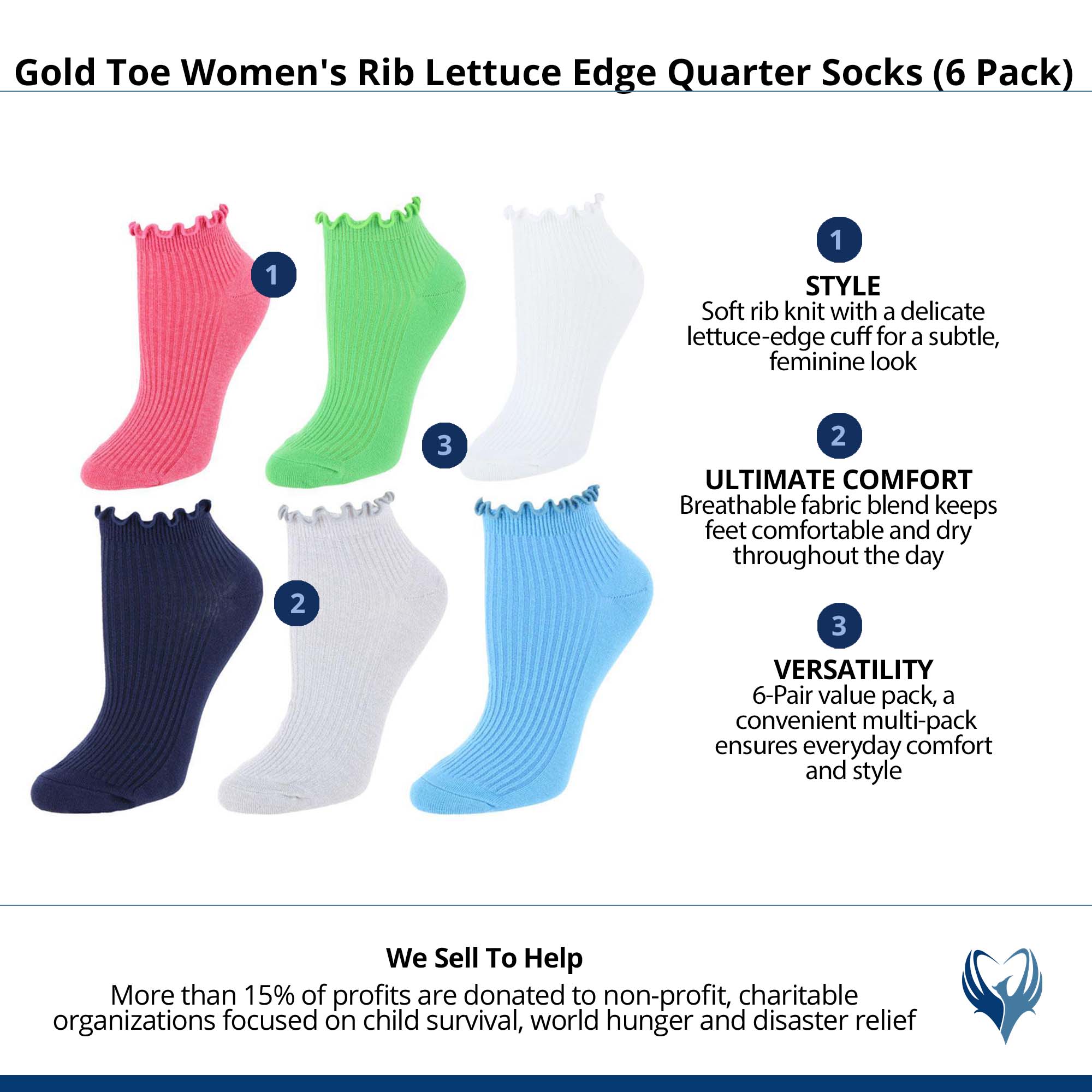 Gold Toe Women's Rib Lettuce Edge Quarter Socks (6 Pack) - Color Mix