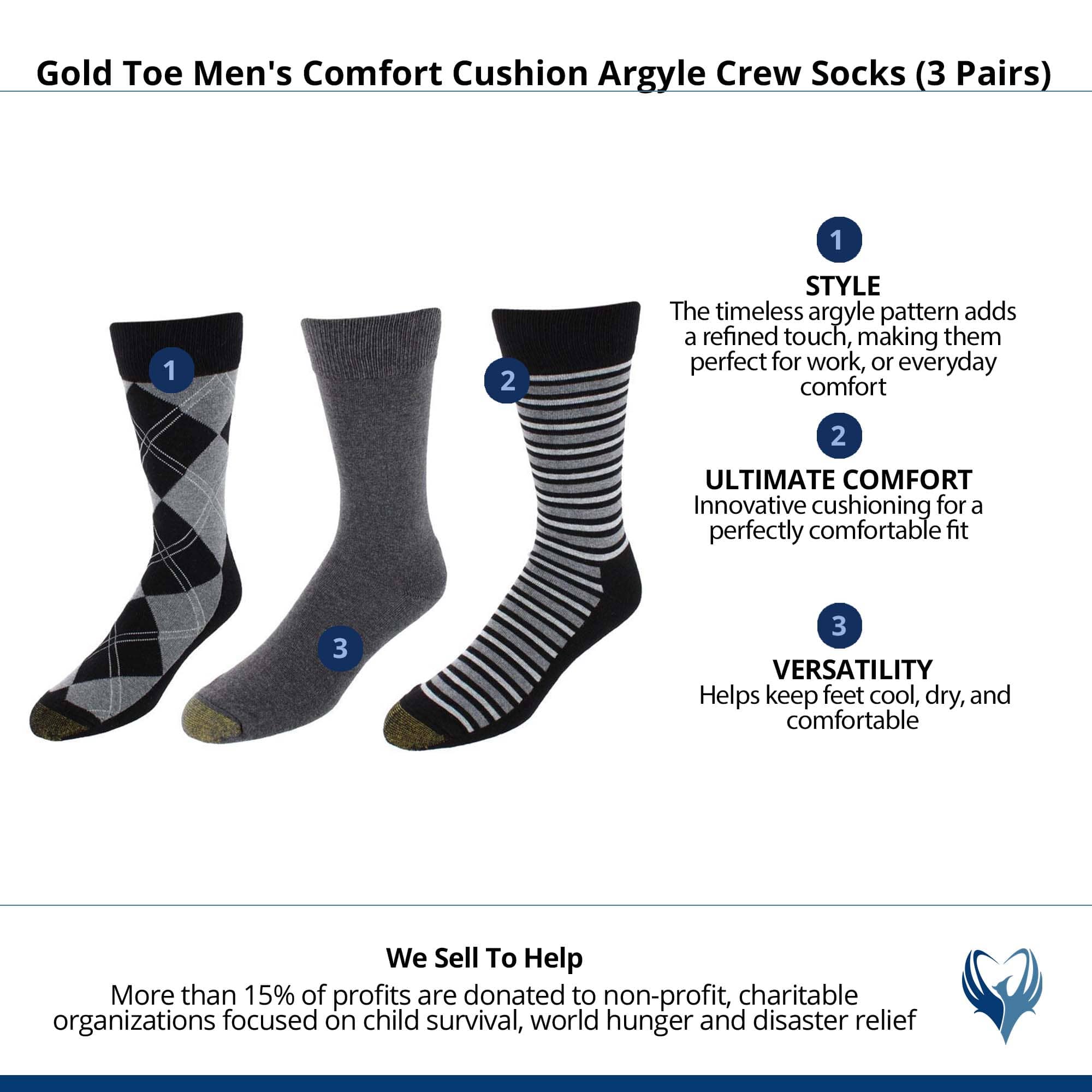 Gold Toe Men's Comfort Cushion Argyle Crew Socks (3 Pairs) - Black Combo