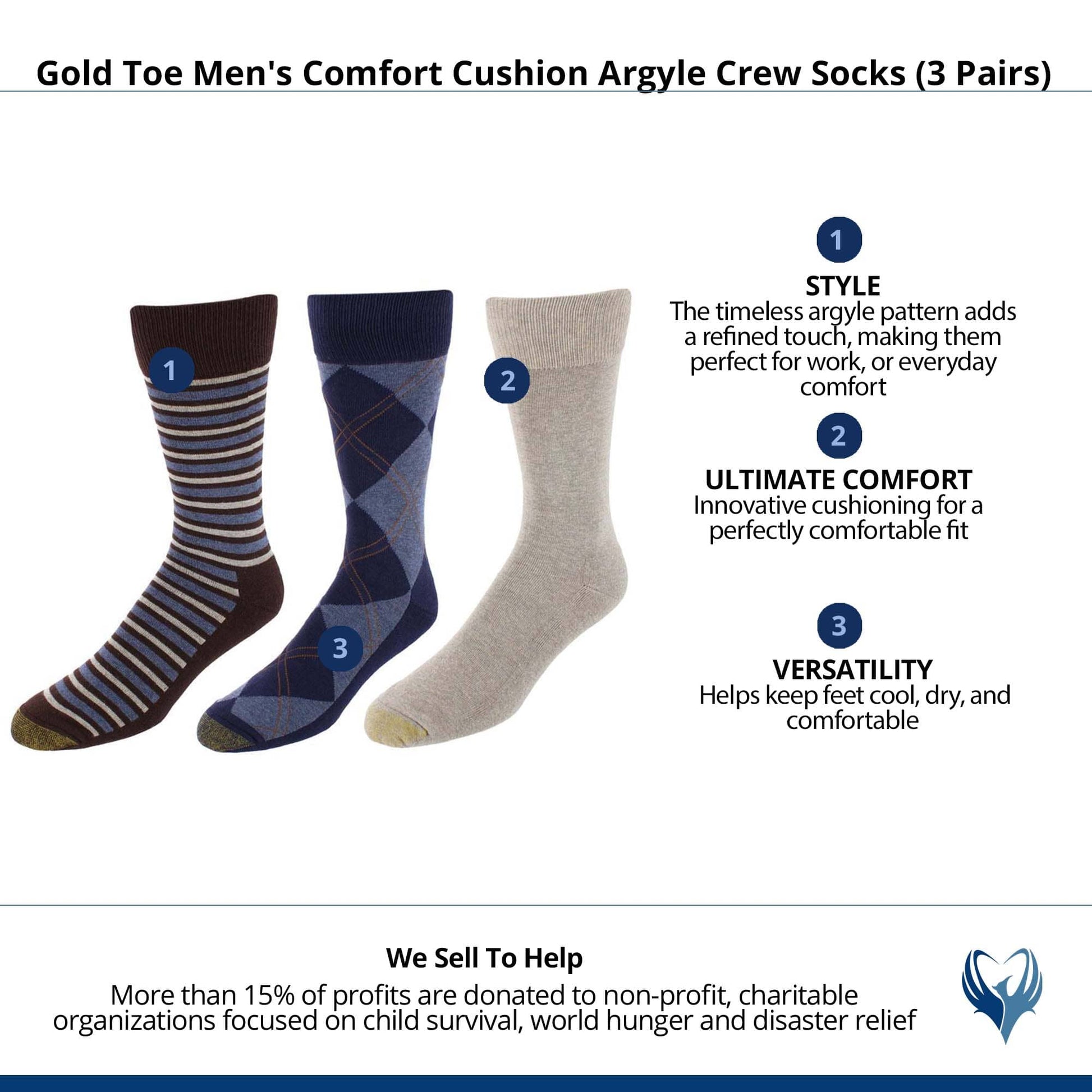 Gold Toe Men's Comfort Cushion Argyle Crew Socks (3 Pairs) - Blue Combo