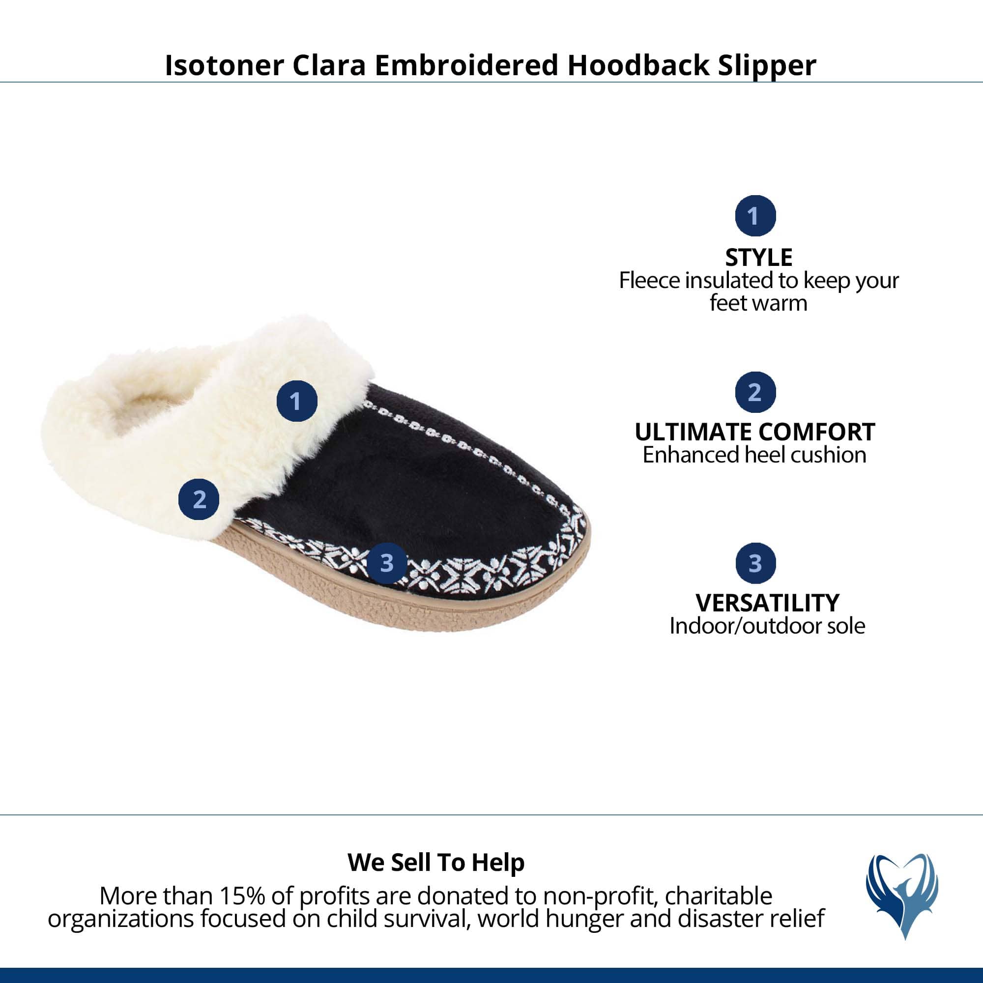 Isotoner Clara Embroidered Hoodback Slipper - Black
