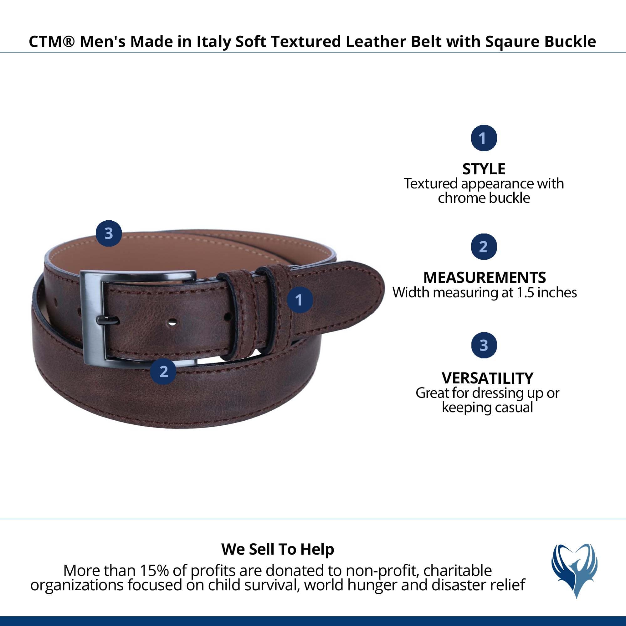 CTM® Men's Textured Italian Leather Belt with Sqaure Buckle - Brown