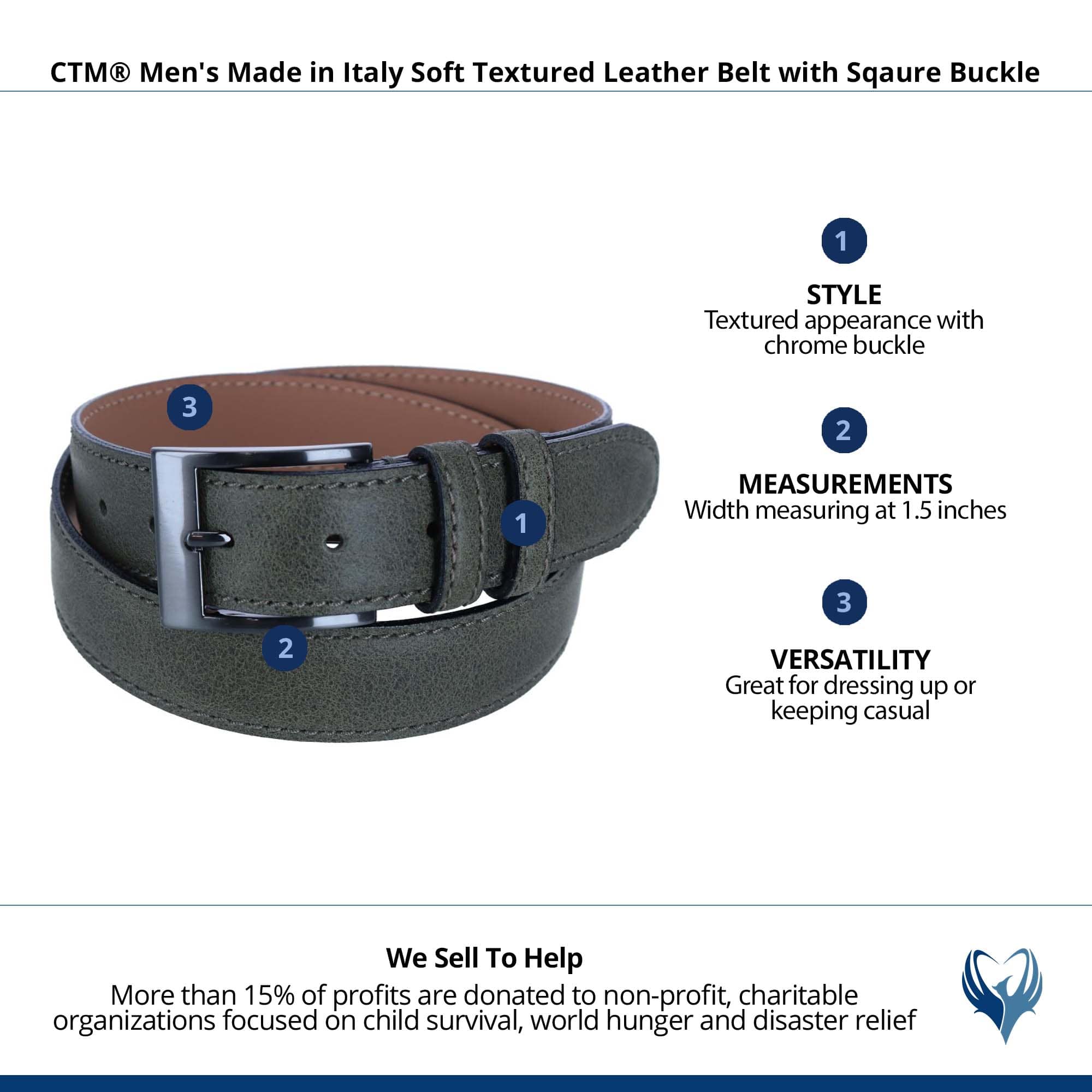CTM® Men's Textured Italian Leather Belt with Sqaure Buckle - Olive