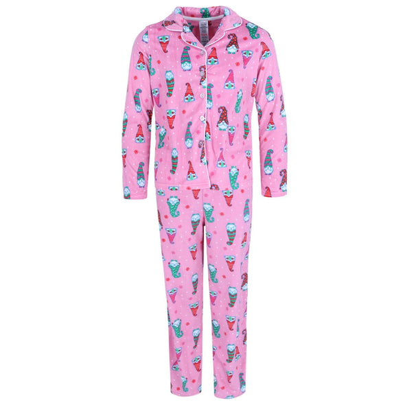 Girls Gnome Velour Notch Button Down Long Sleeve Pajama Set