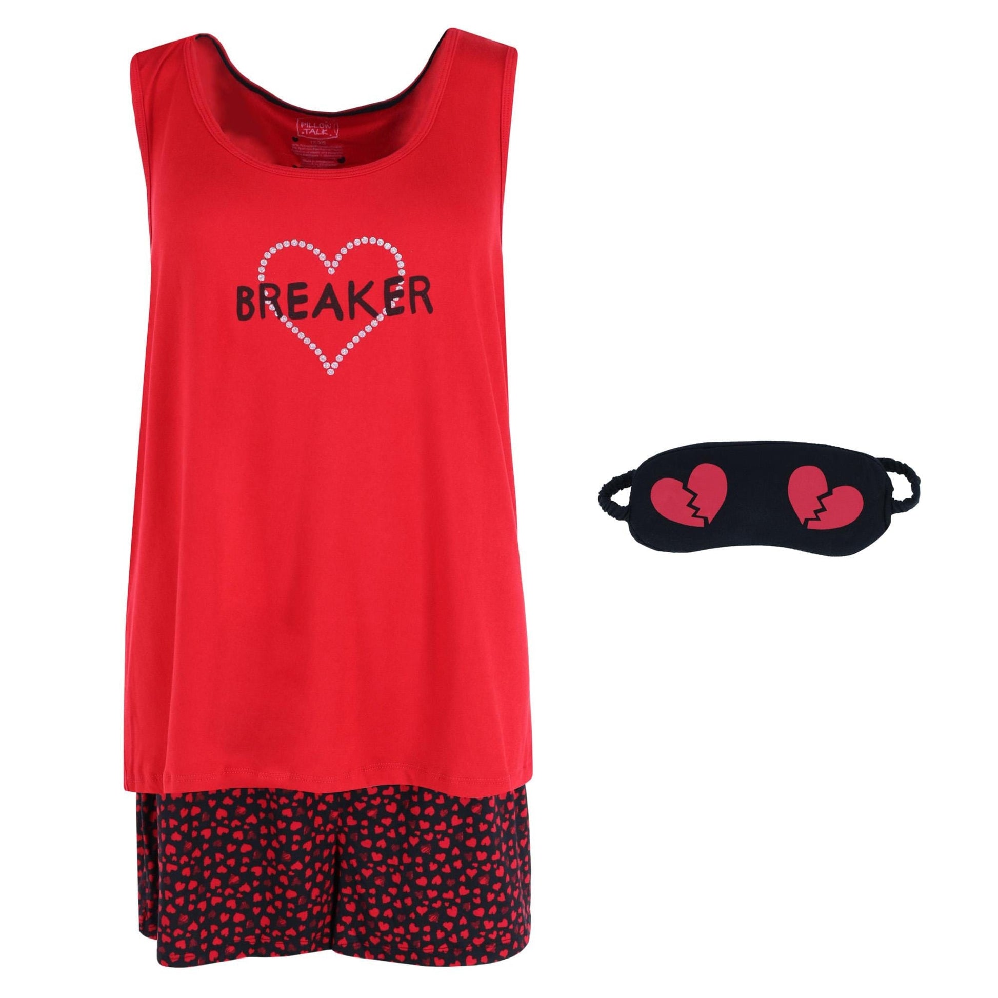 Pillow Talk Women's Plus Size Heart Breaker Tank and Short Set with Eye Mask - Red