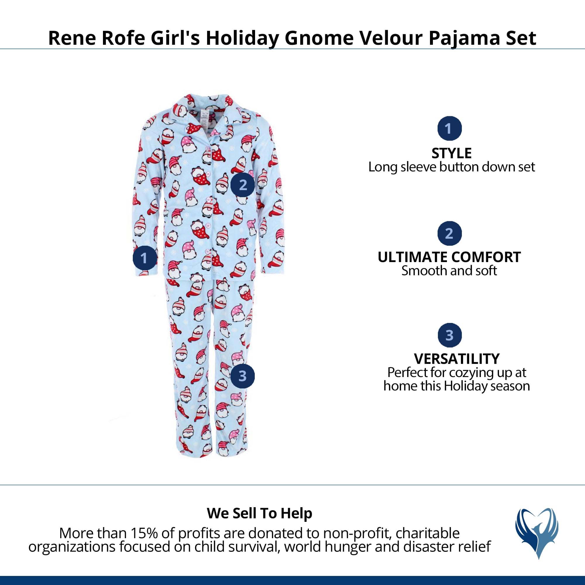 Rene Rofe Girl's Winter Gnome Velour Pajama Set - Light blue
