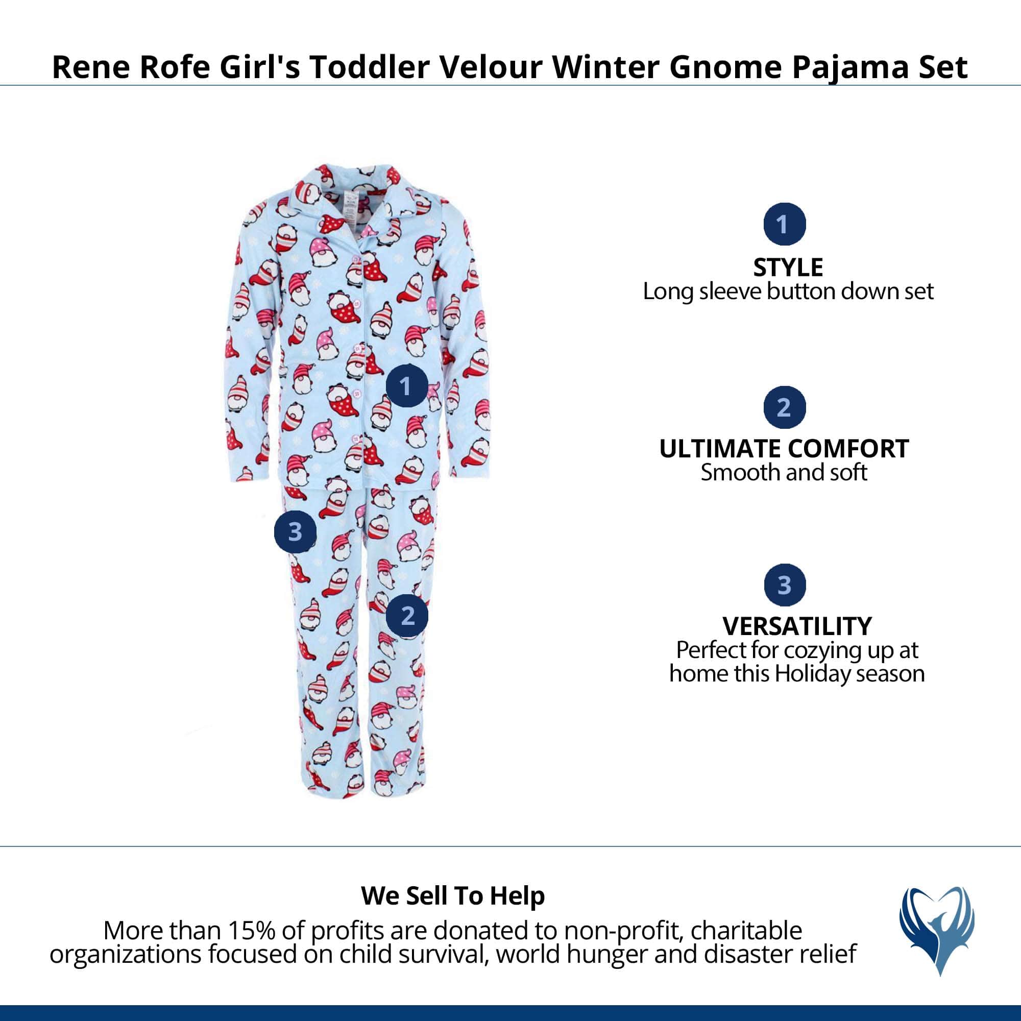 Rene Rofe Girl's Toddler Velour Winter Gnome Pajama Set - Light Blue