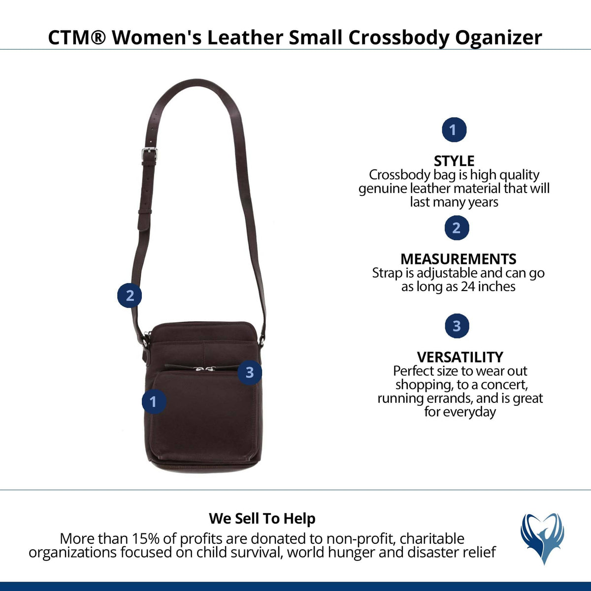 CTM® Women's Leather Small Crossbody Organizer - Mocha