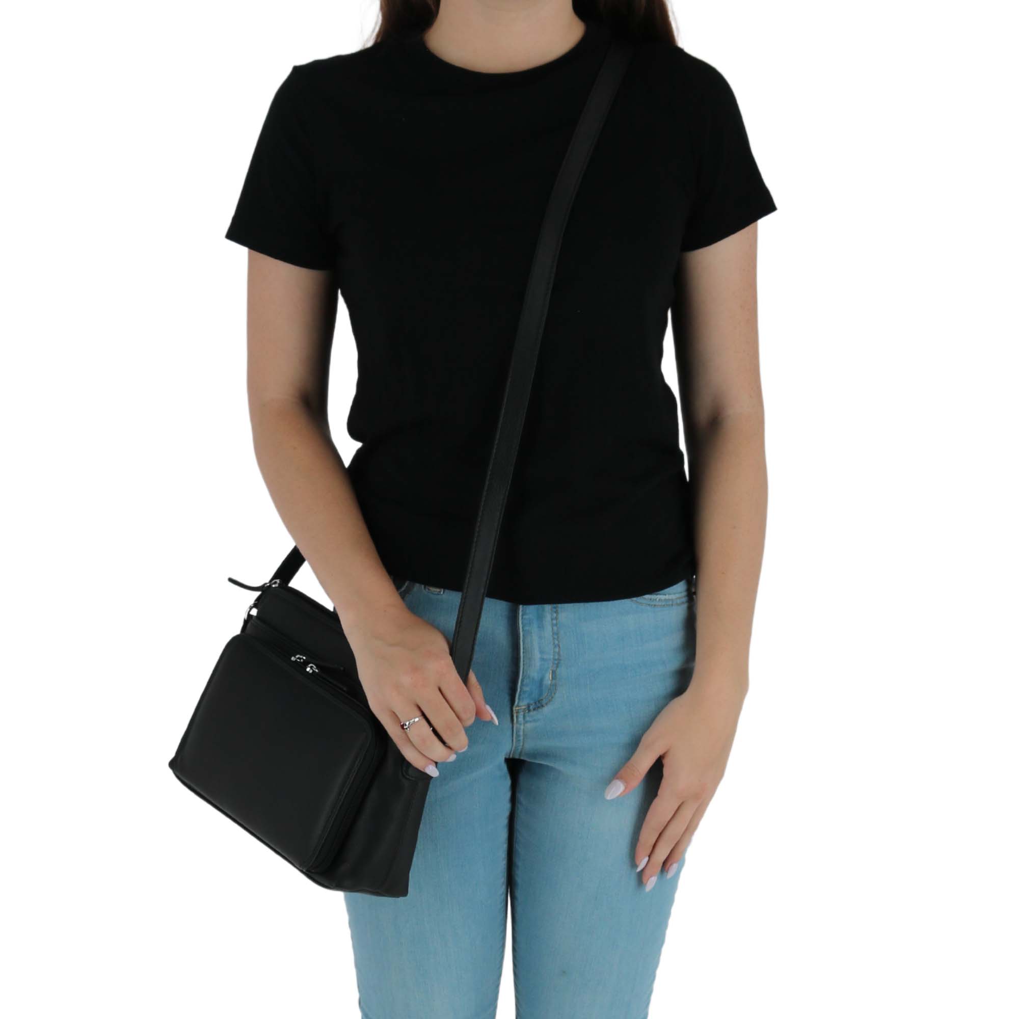 CTM® Women's Leather Shoulder Bag Purse with Side Organizer - Black