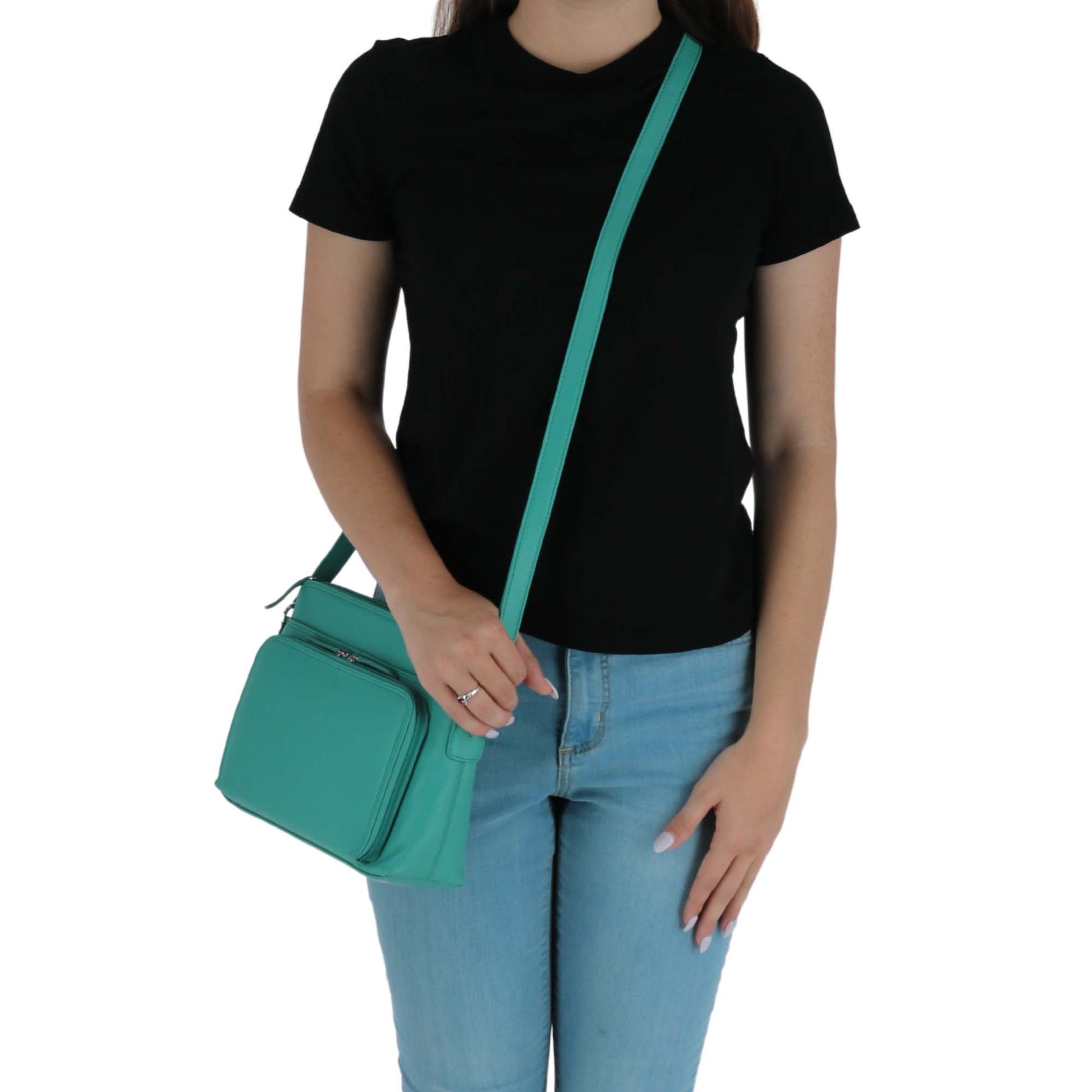 CTM® Women's Leather Shoulder Bag Purse with Side Organizer - Turquoise