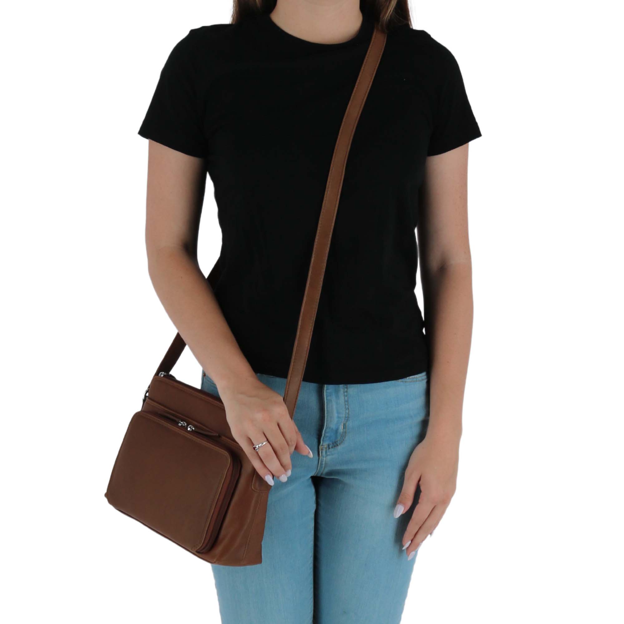 CTM® Women's Leather Shoulder Bag Purse with Side Organizer - Toffee