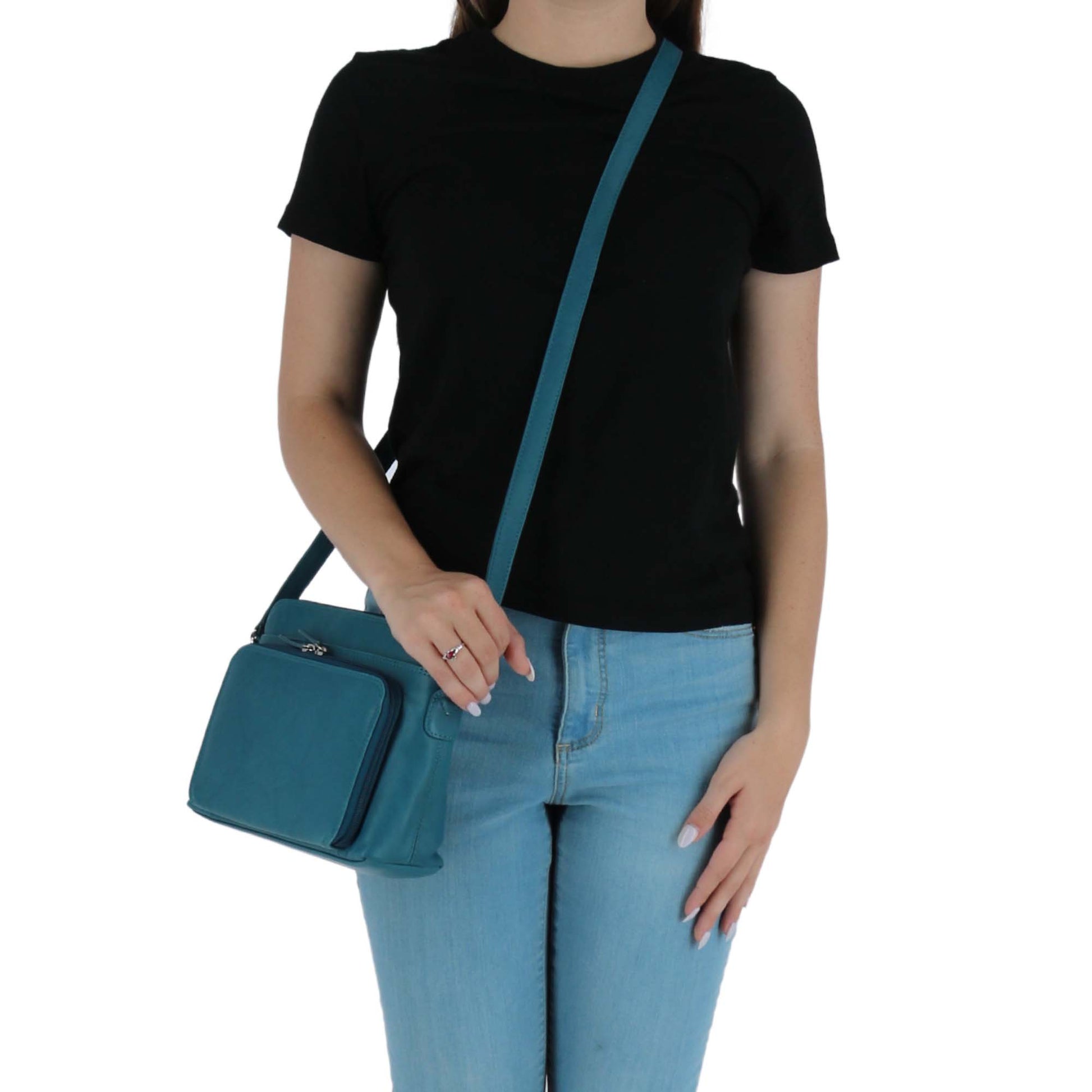 CTM® Women's Leather Shoulder Bag Purse with Side Organizer - Jeans Blue