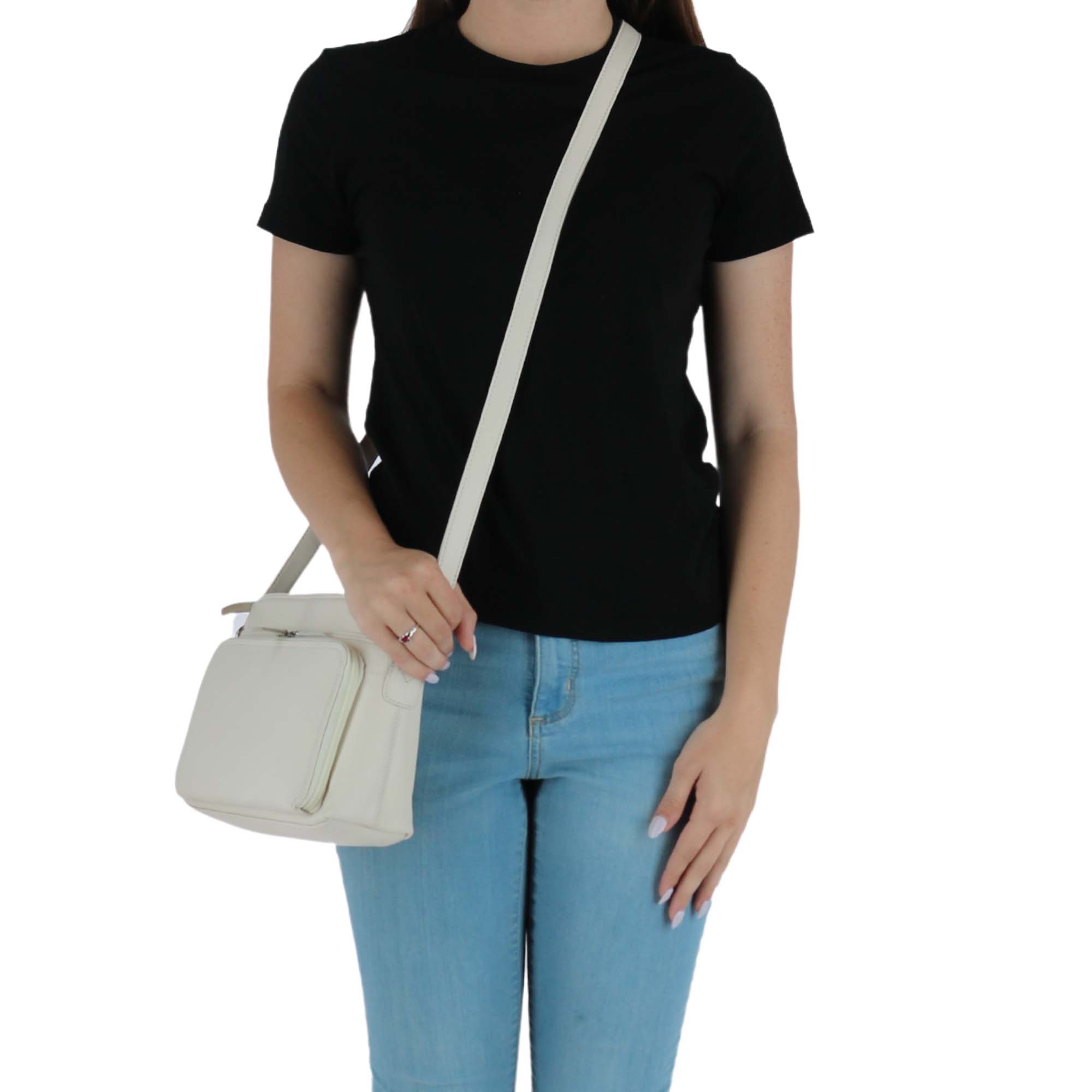 CTM® Women's Leather Shoulder Bag Purse with Side Organizer - Bone