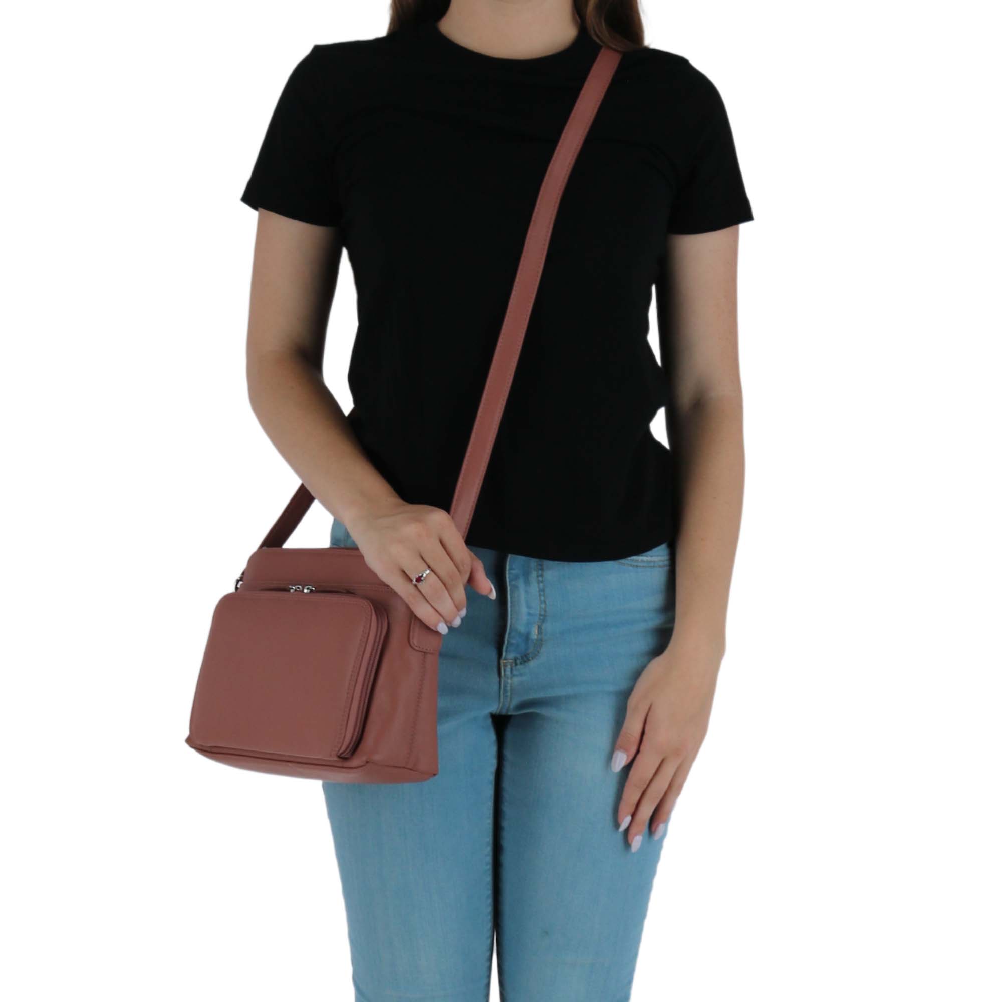 CTM® Women's Leather Shoulder Bag Purse with Side Organizer - Mauve