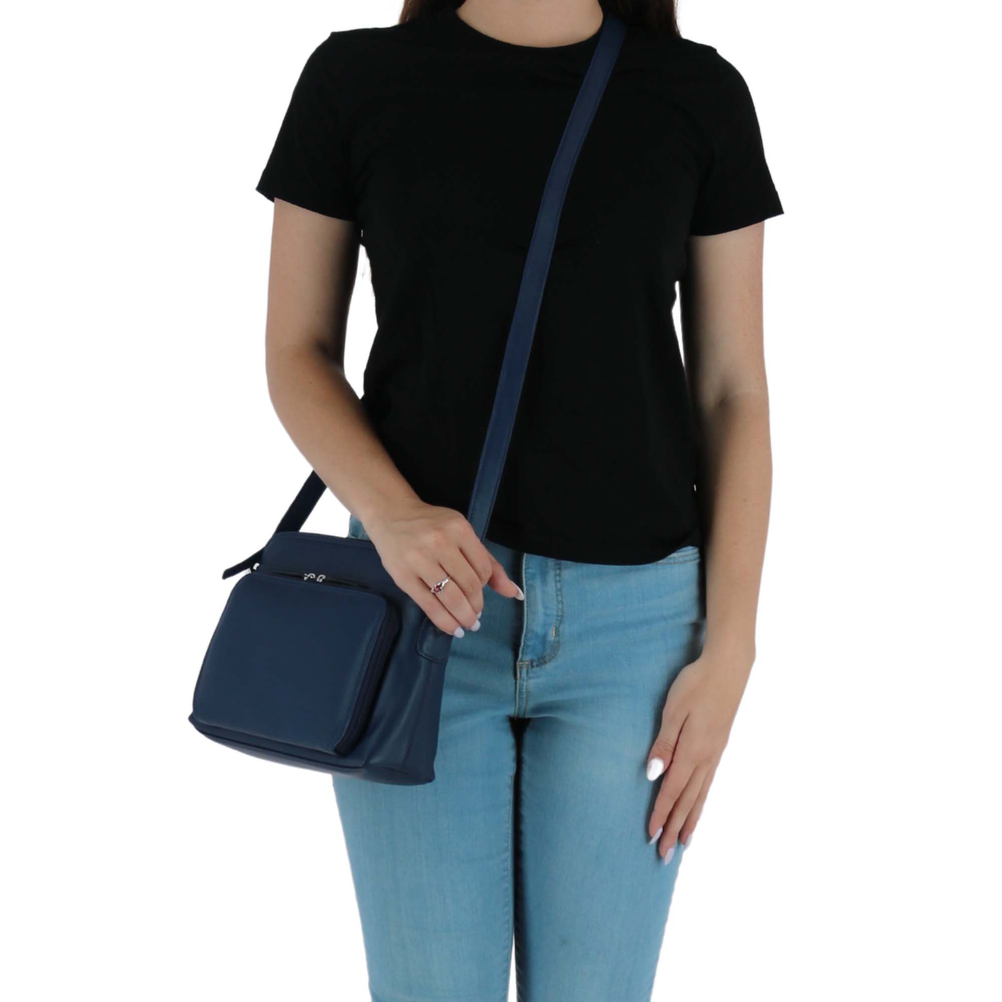 CTM® Women's Leather Shoulder Bag Purse with Side Organizer - Classic Navy