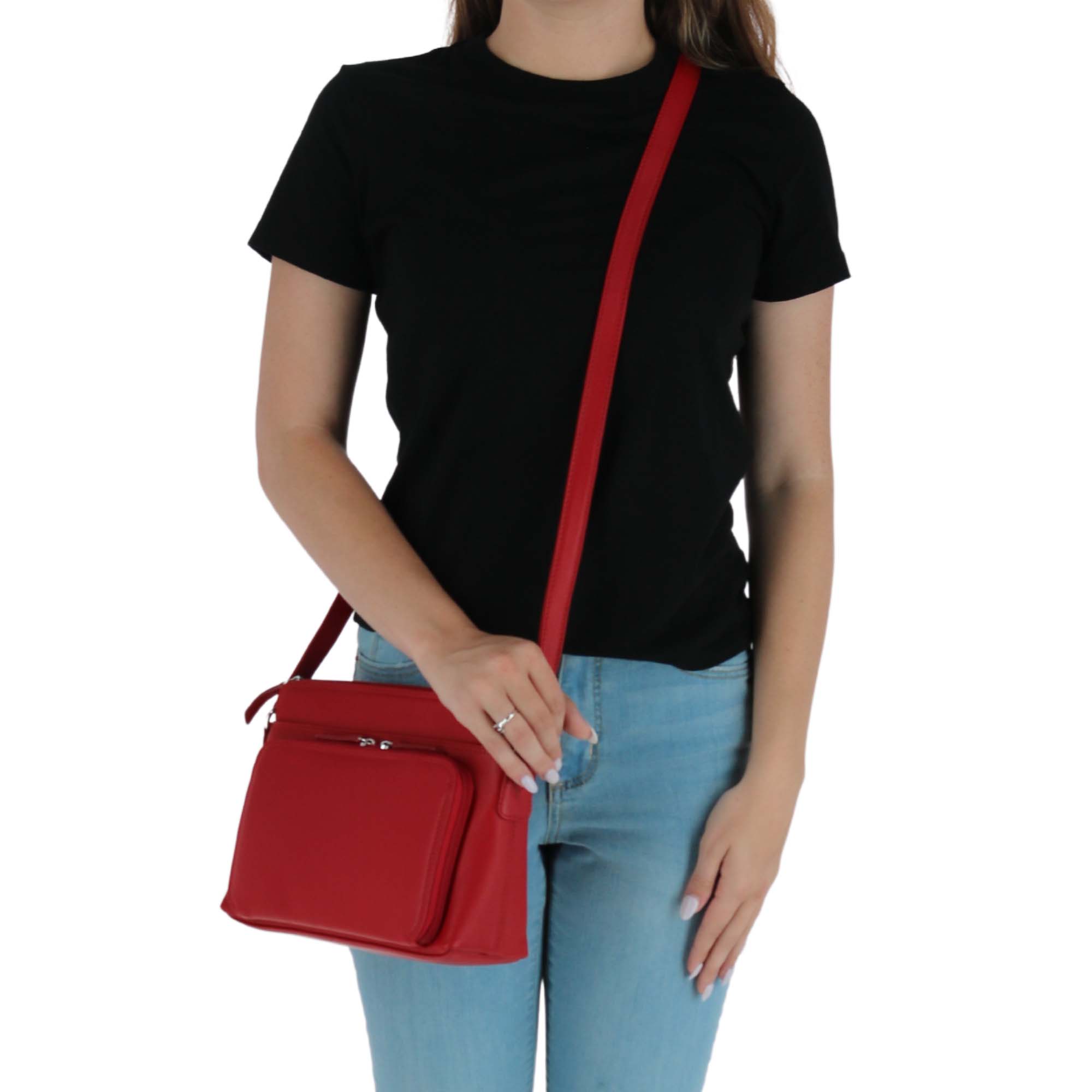 CTM® Women's Leather Shoulder Bag Purse with Side Organizer - Red