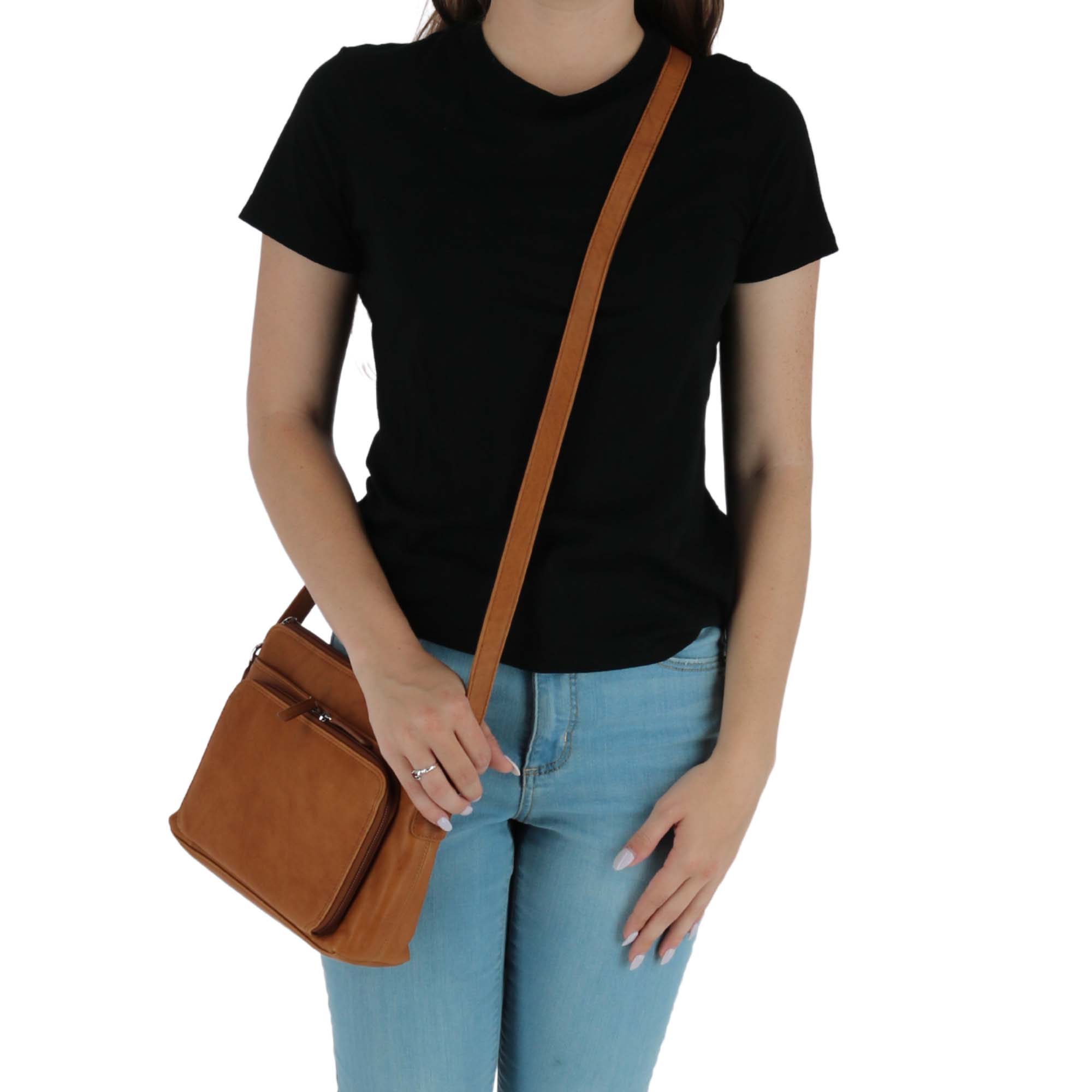 CTM® Women's Leather Shoulder Bag Purse with Side Organizer - Antique Saddle