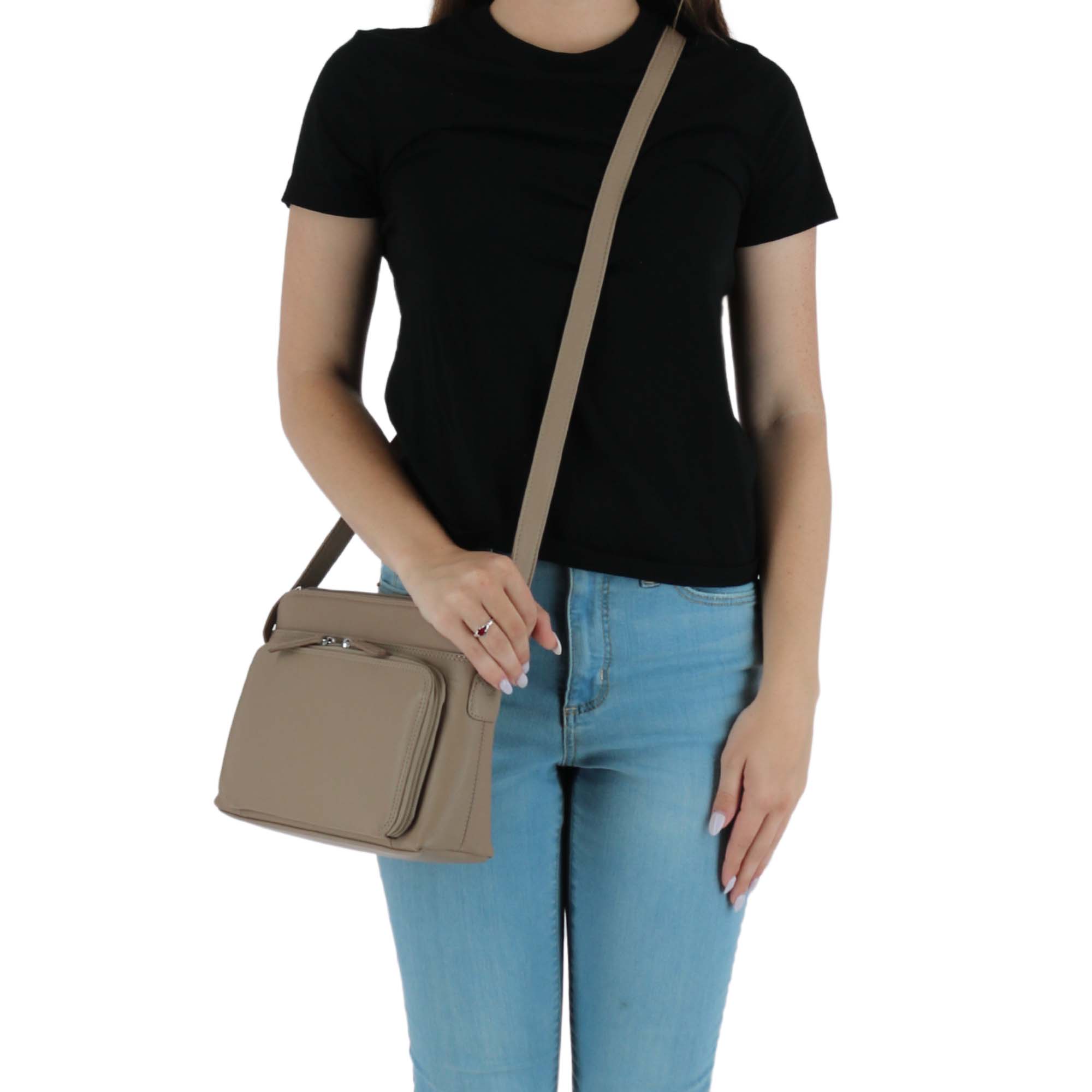 CTM® Women's Leather Shoulder Bag Purse with Side Organizer - Taupe